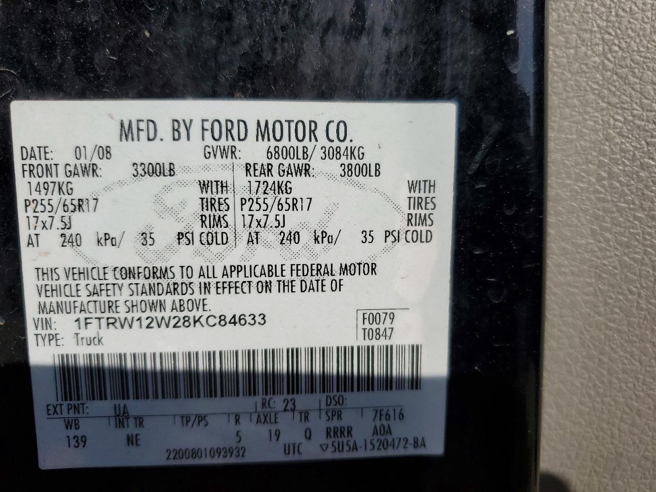 2008 Ford F150 Supercrew Black vin: 1FTRW12W28KC84633