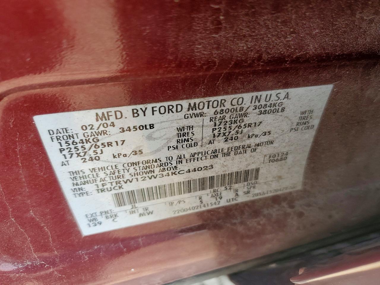 2004 Ford F150 Supercrew Burgundy vin: 1FTRW12W34KC44023