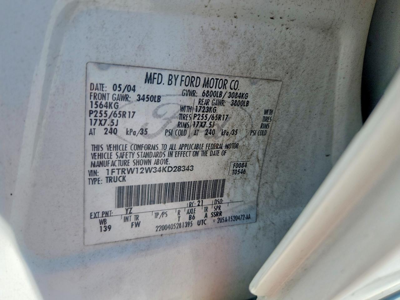2004 Ford F150 Supercrew White vin: 1FTRW12W34KD28343