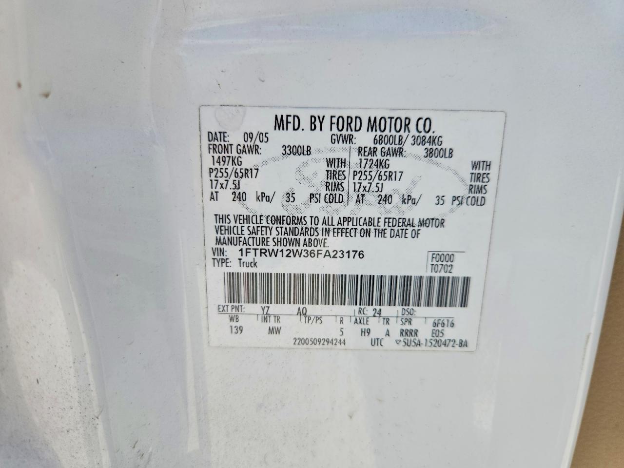 2006 Ford F150 Supercrew White vin: 1FTRW12W36FA23176