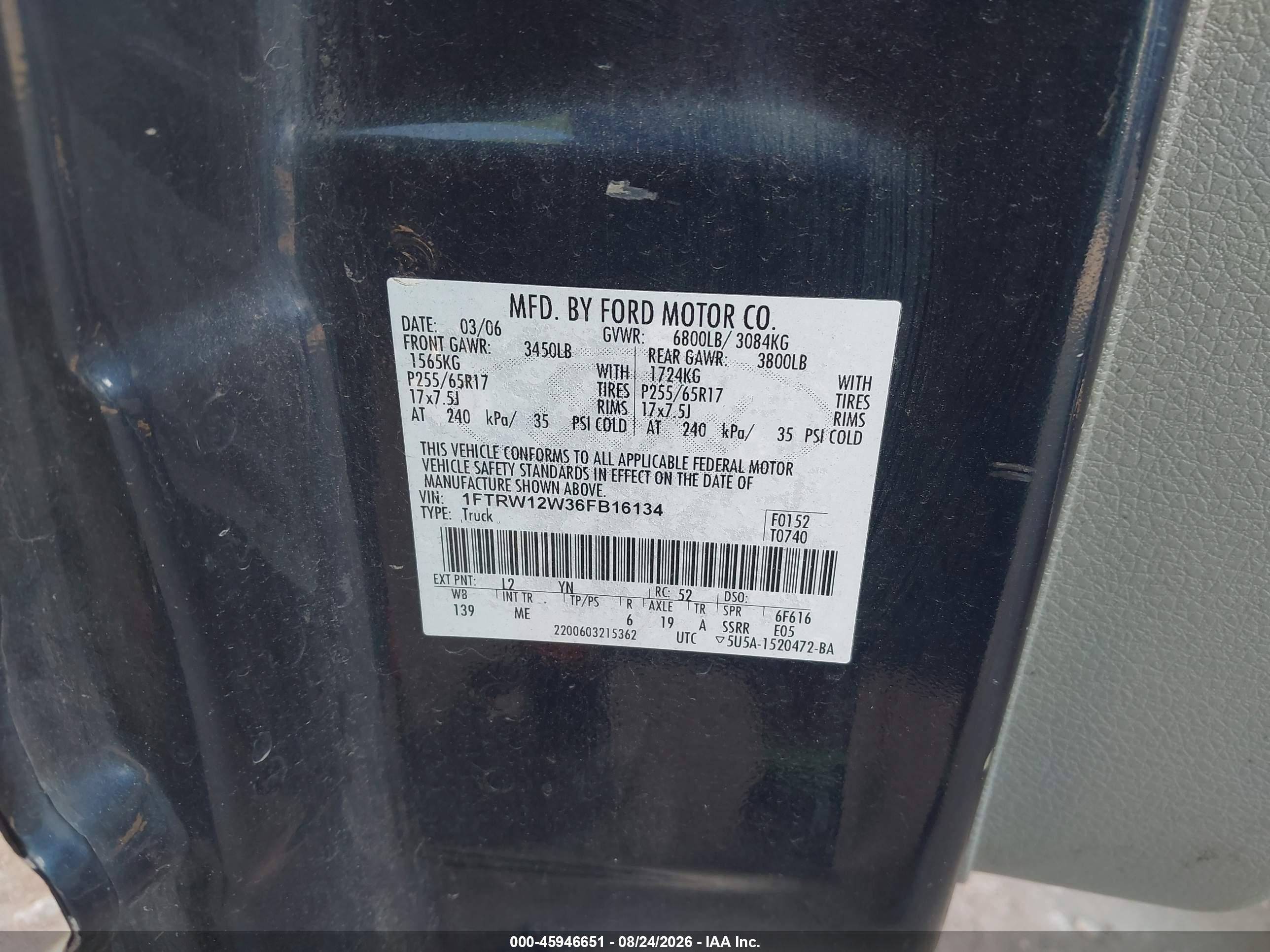 2006 Ford F-150 Xlt Blue vin: 1FTRW12W36FB16134