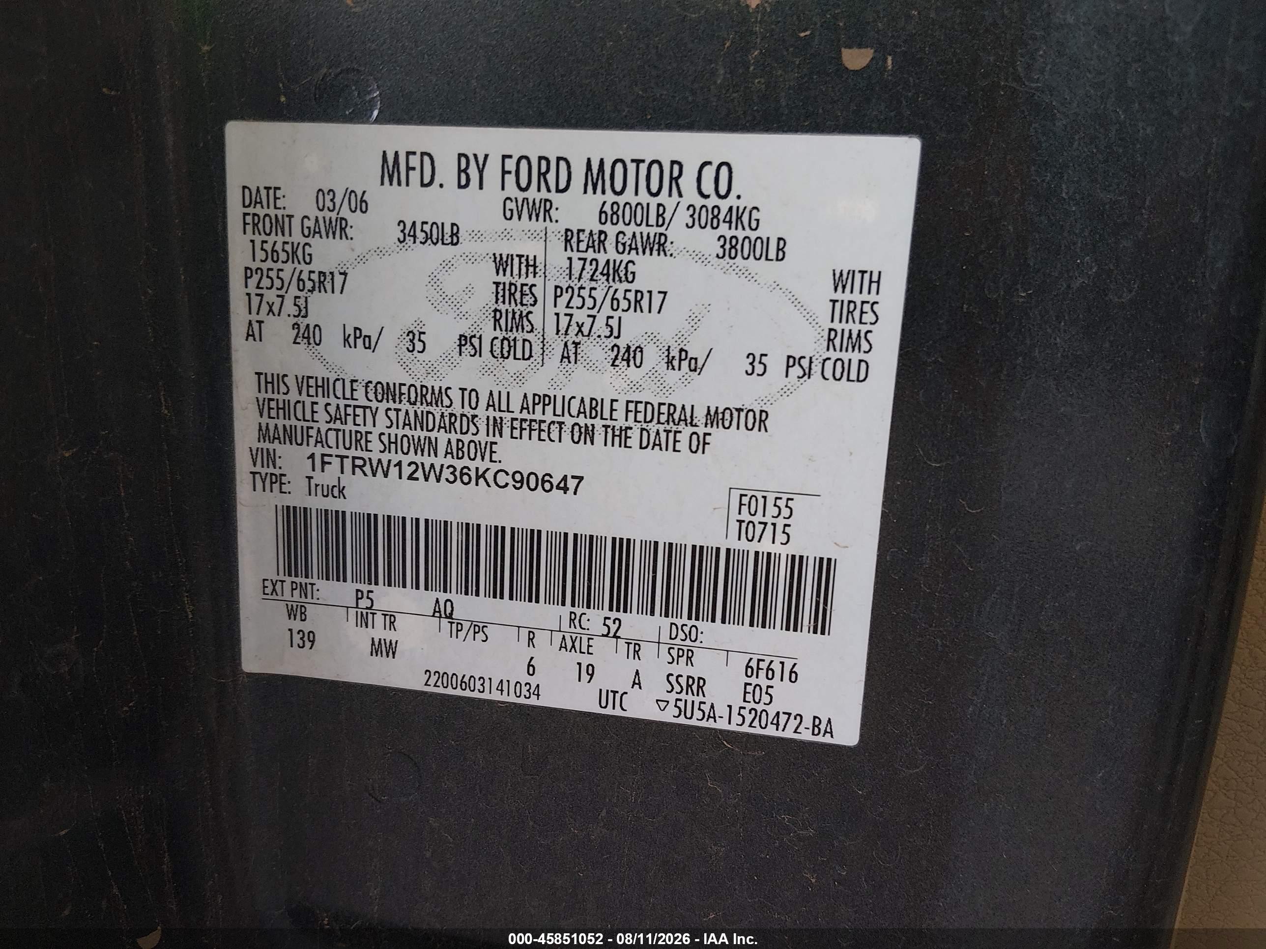 2006 Ford F-150 Xlt Green vin: 1FTRW12W36KC90647