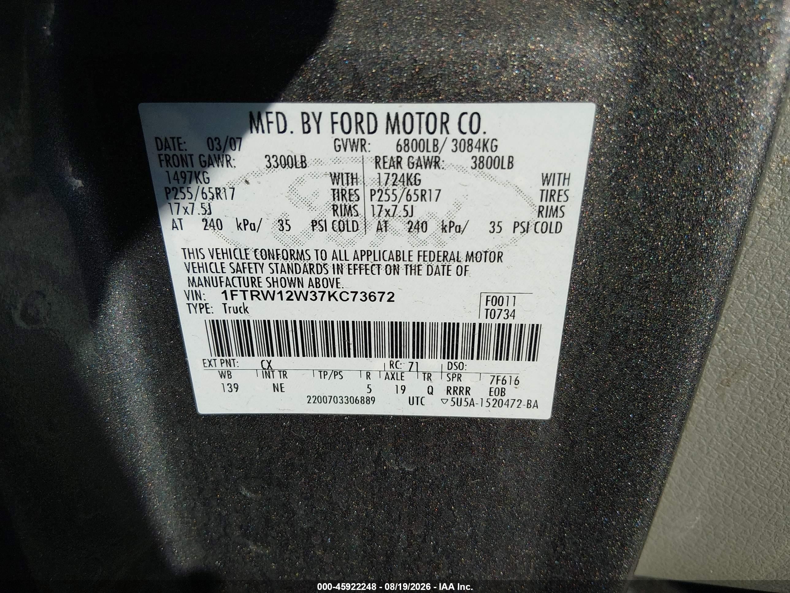 2007 Ford F-150 Xlt Silver vin: 1FTRW12W37KC73672