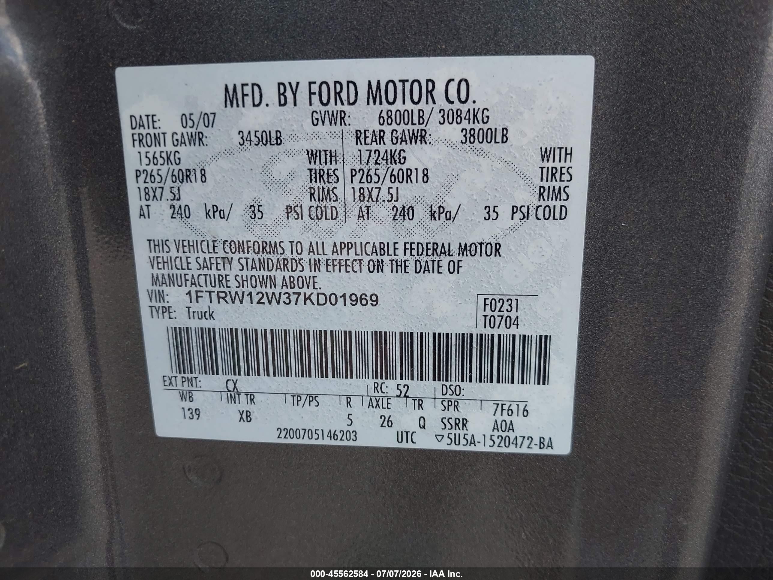 2007 Ford F-150 Xlt Gray vin: 1FTRW12W37KD01969