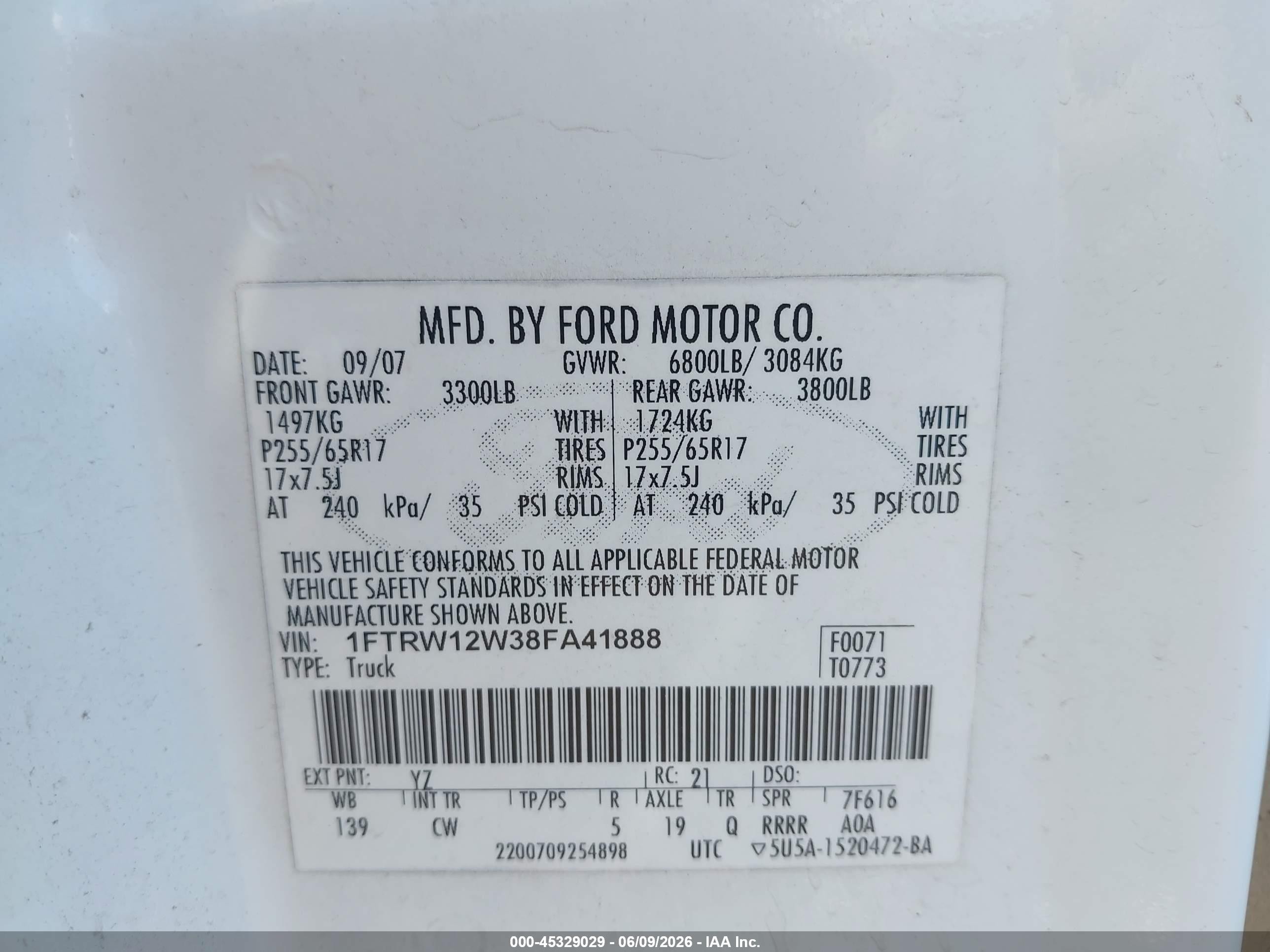 2008 Ford F-150 60th Anniversary/fx2/xl/xlt White vin: 1FTRW12W38FA41888