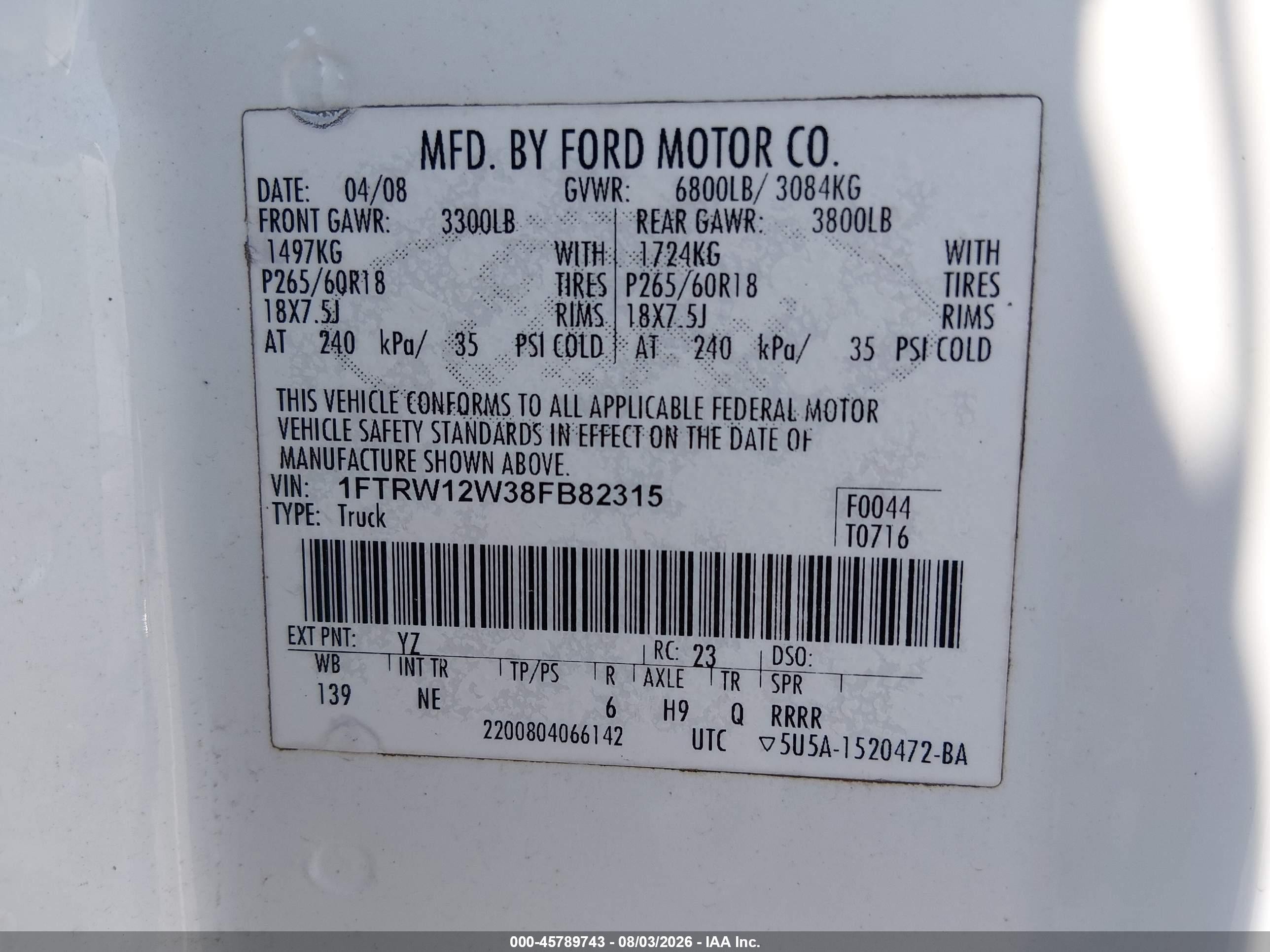 2008 Ford F-150 60th Anniversary/fx2/xl/xlt White vin: 1FTRW12W38FB82315