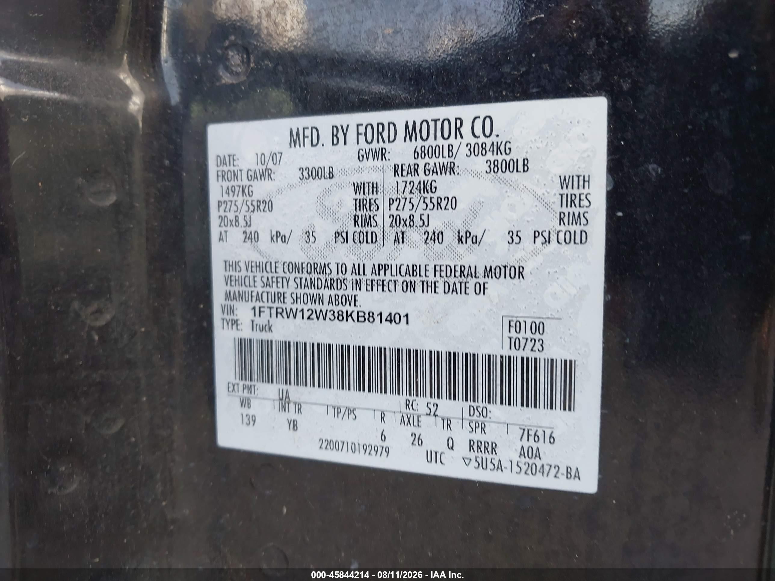 2008 Ford F-150 Xlt Black vin: 1FTRW12W38KB81401