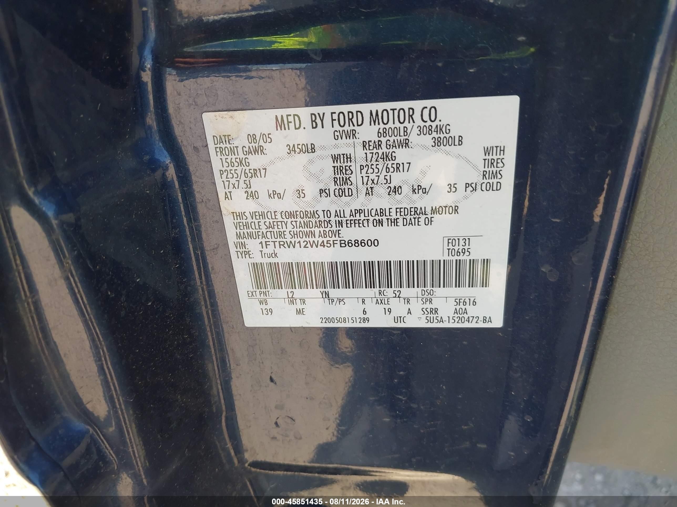 2005 Ford F-150 Xlt Dark Blue vin: 1FTRW12W45FB68600