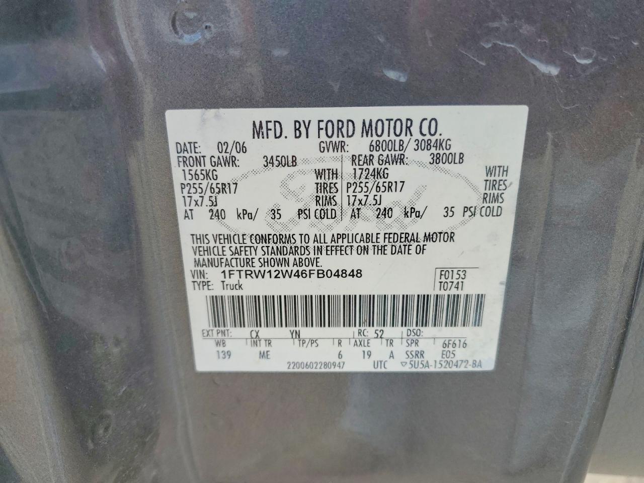 2006 Ford F150 Supercrew Gray vin: 1FTRW12W46FB04848