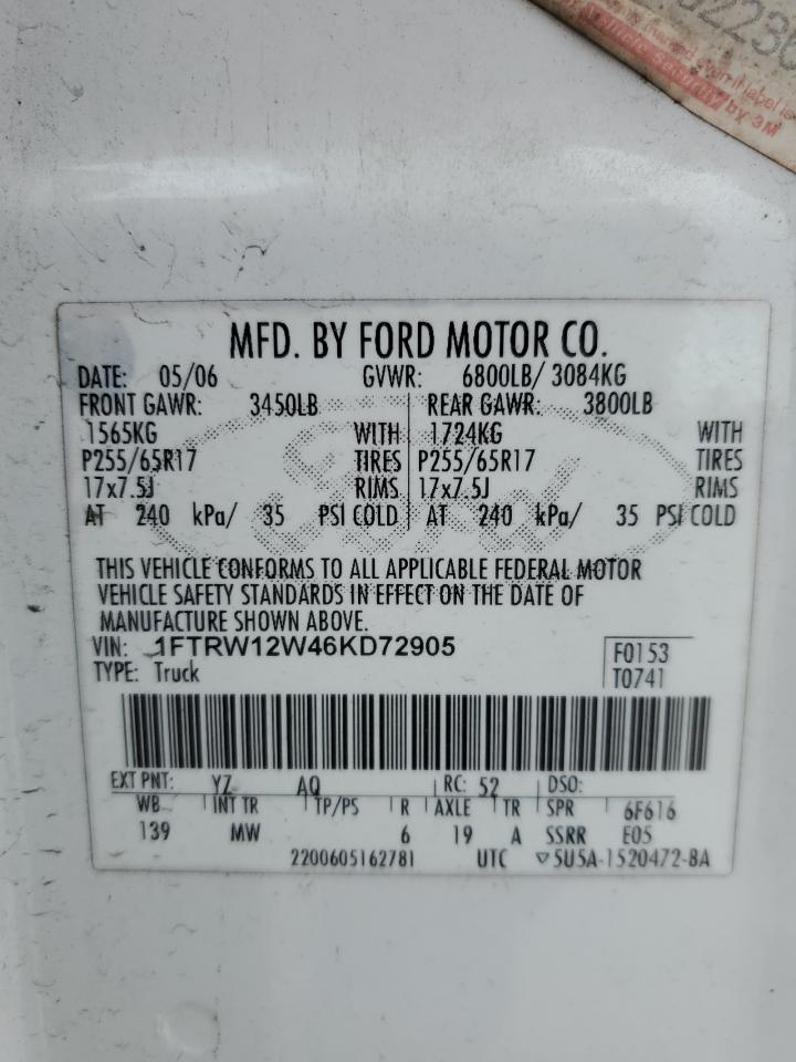 2006 Ford F150 Supercrew White vin: 1FTRW12W46KD72905