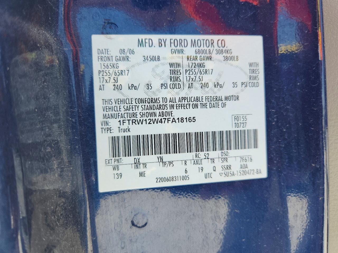 2007 Ford F150 Supercrew Blue vin: 1FTRW12W47FA18165