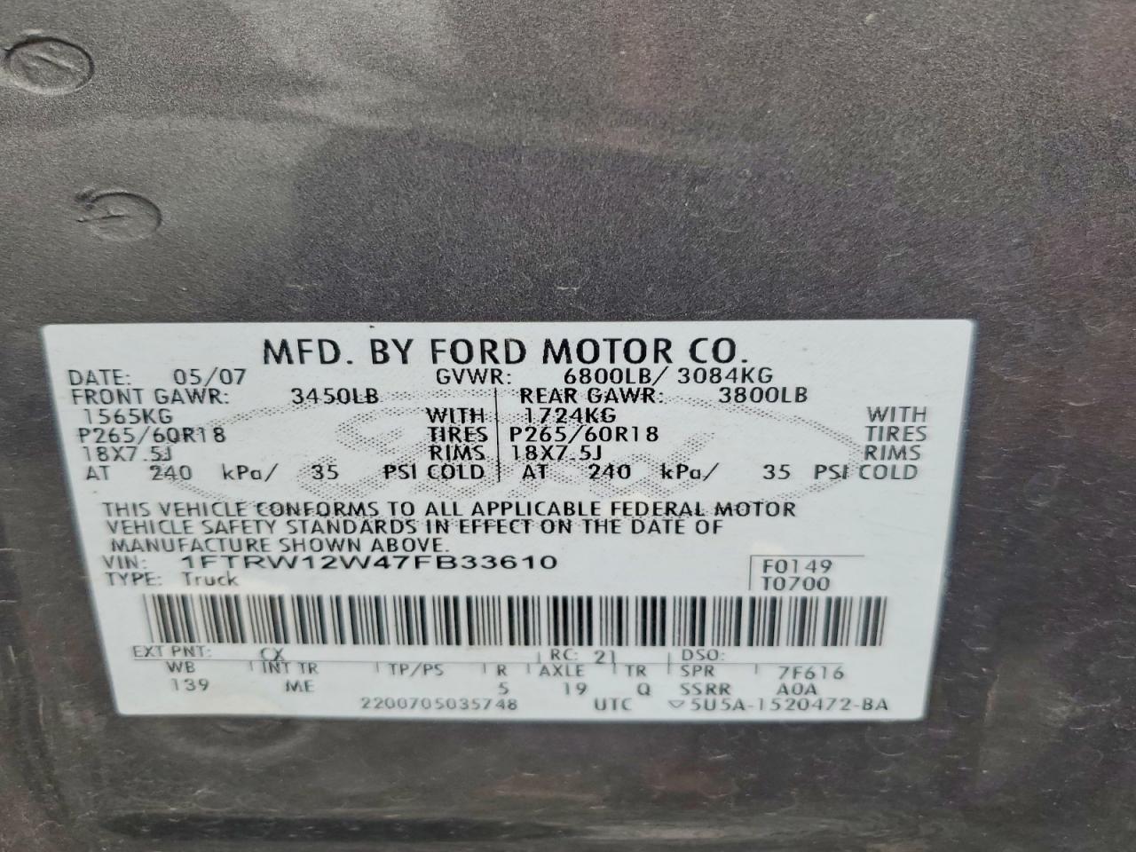 2007 Ford F150 Supercrew Gray vin: 1FTRW12W47FB33610