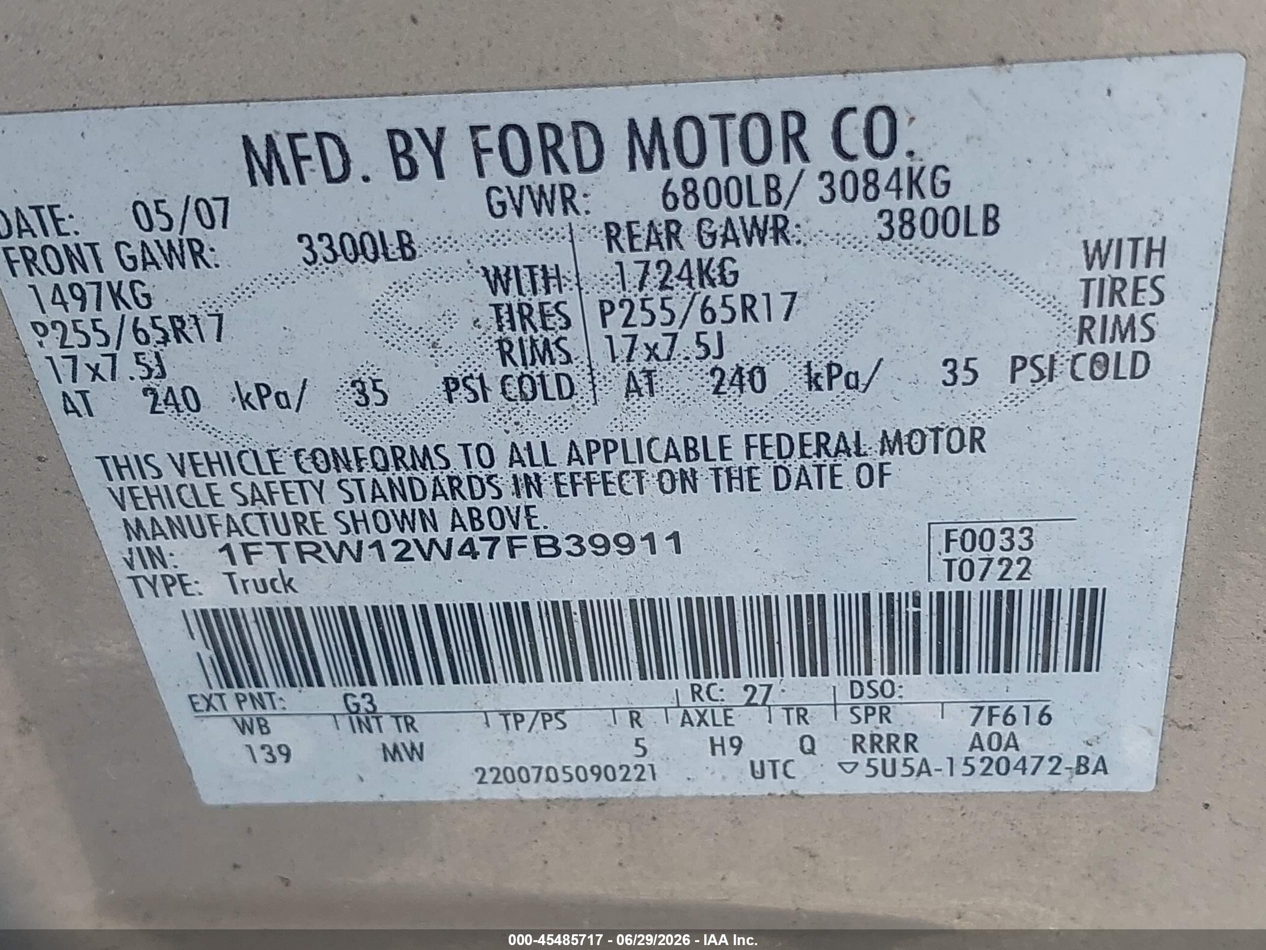 2007 Ford F-150 Xlt Gold vin: 1FTRW12W47FB39911