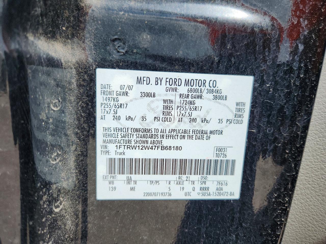 2007 Ford F150 Supercrew Black vin: 1FTRW12W47FB68180