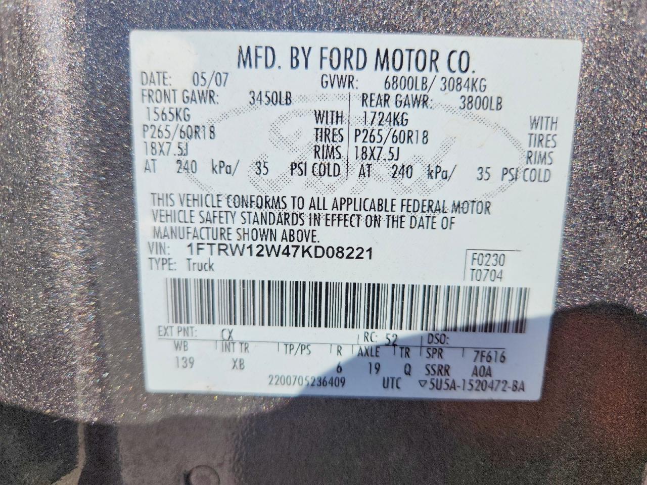 2007 Ford F150 Supercrew Gray vin: 1FTRW12W47KD08221