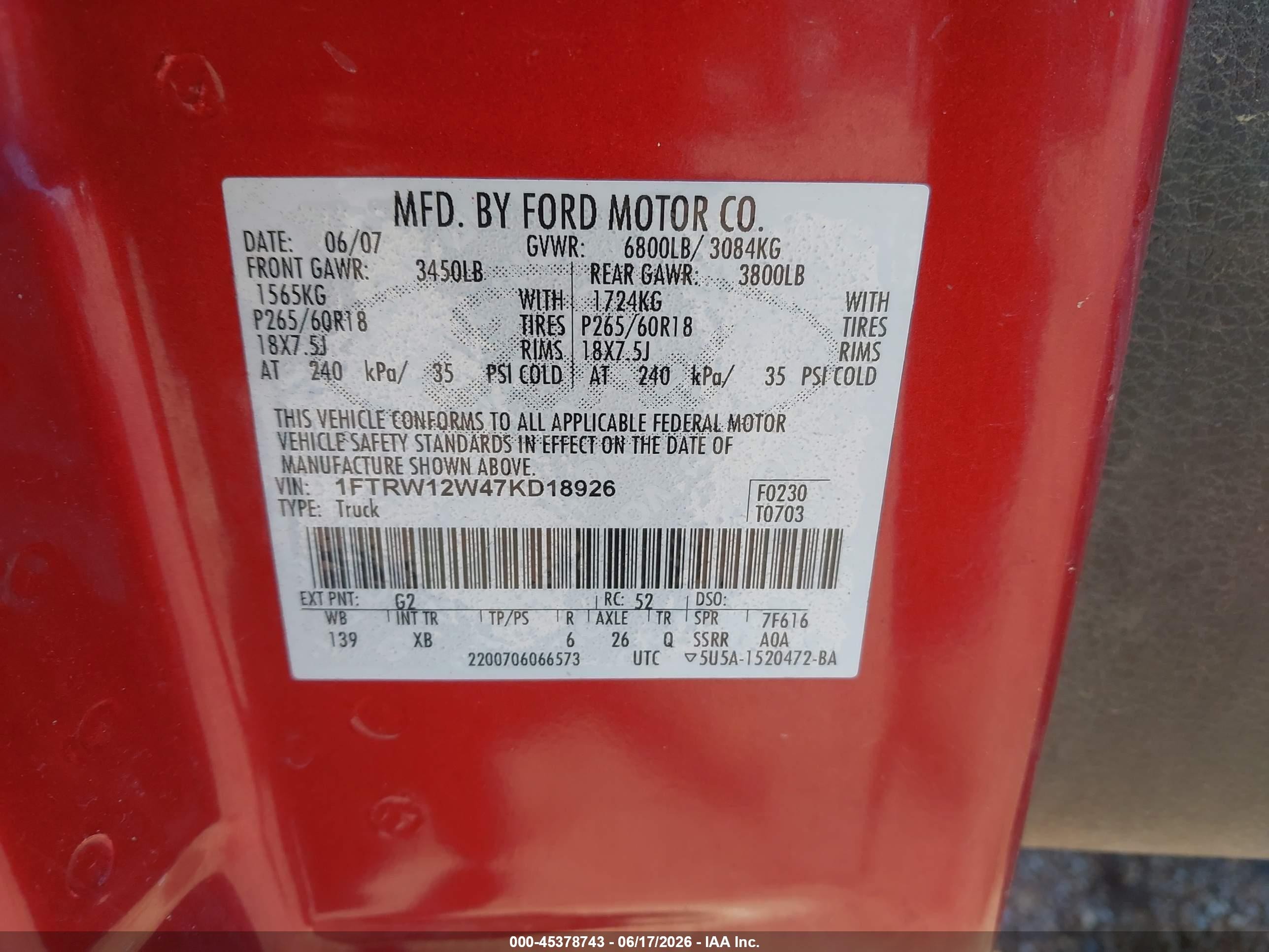 2007 Ford F-150 Fx2/xlt Red vin: 1FTRW12W47KD18926