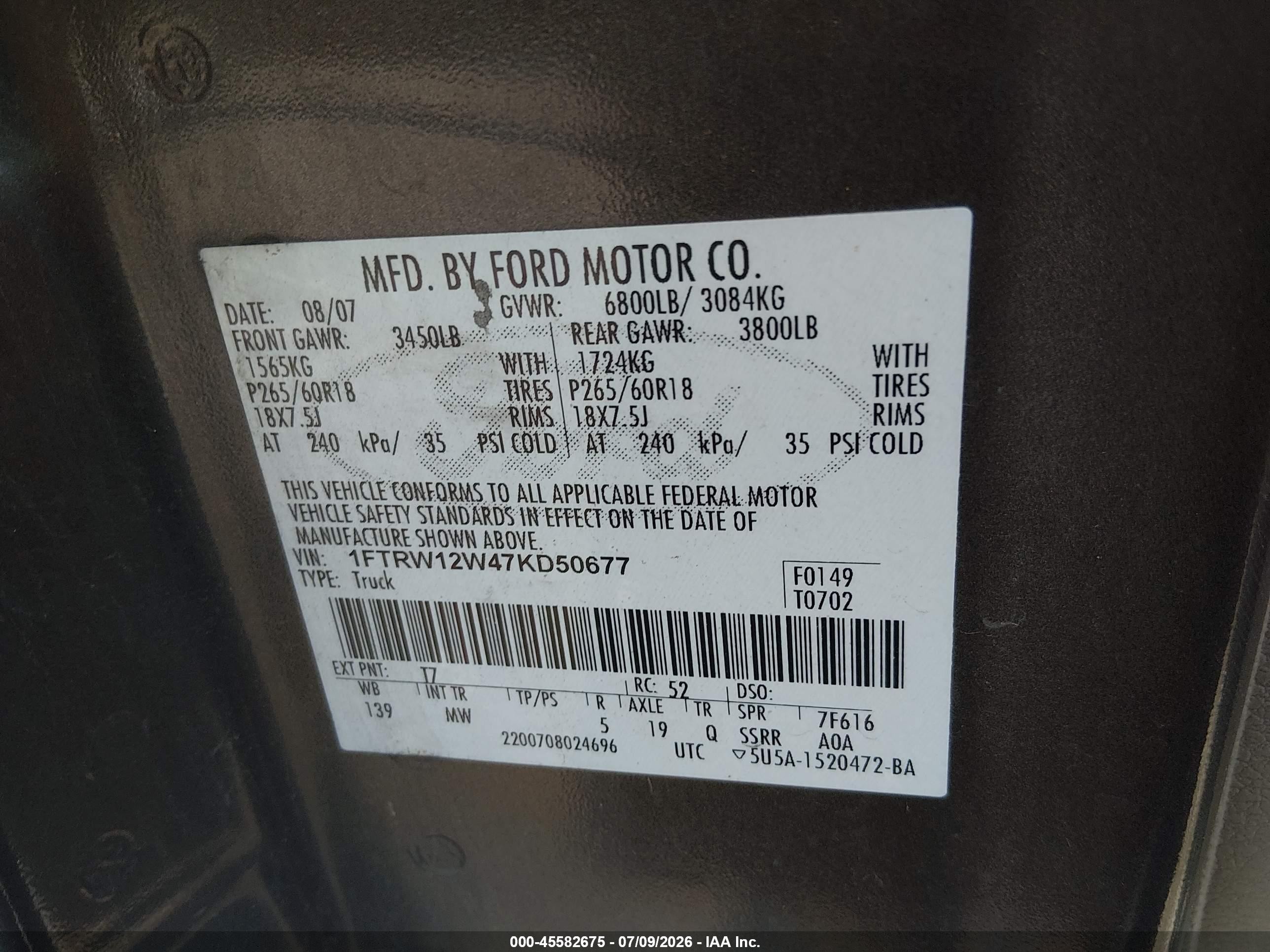 2007 Ford F-150 Xlt Black vin: 1FTRW12W47KD50677