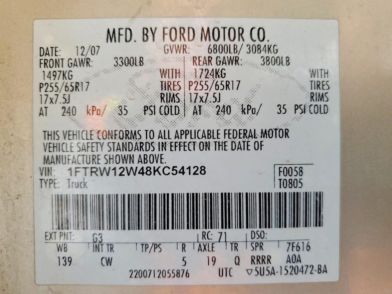 2008 Ford F150 Supercrew Gold vin: 1FTRW12W48KC54128