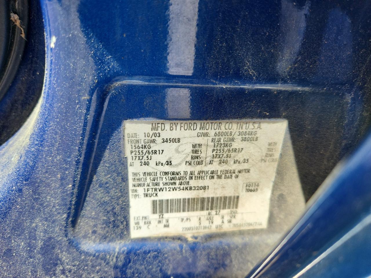2004 Ford F150 Supercrew Blue vin: 1FTRW12W54KB32081
