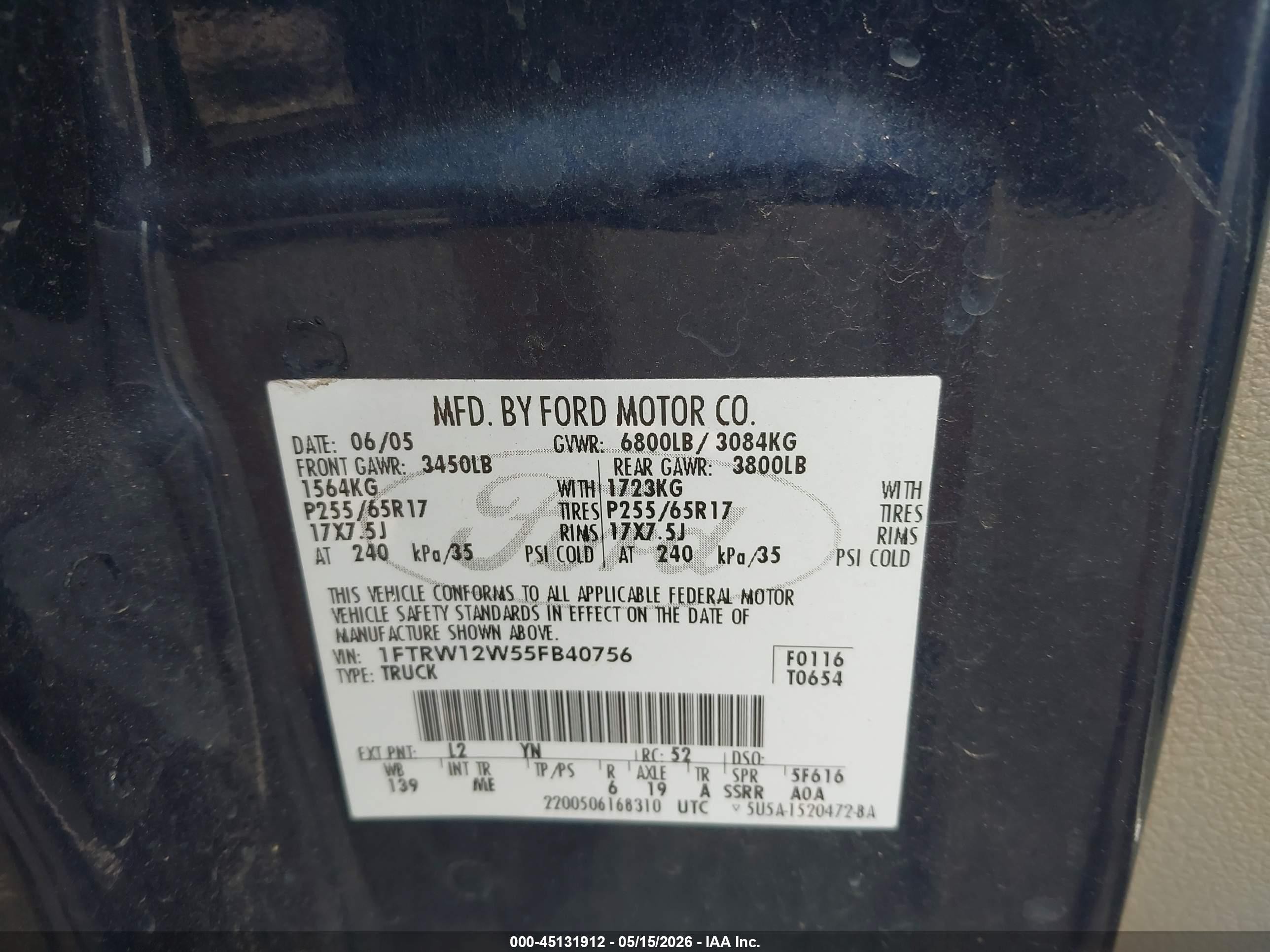 2005 Ford F-150 Xlt Blue vin: 1FTRW12W55FB40756