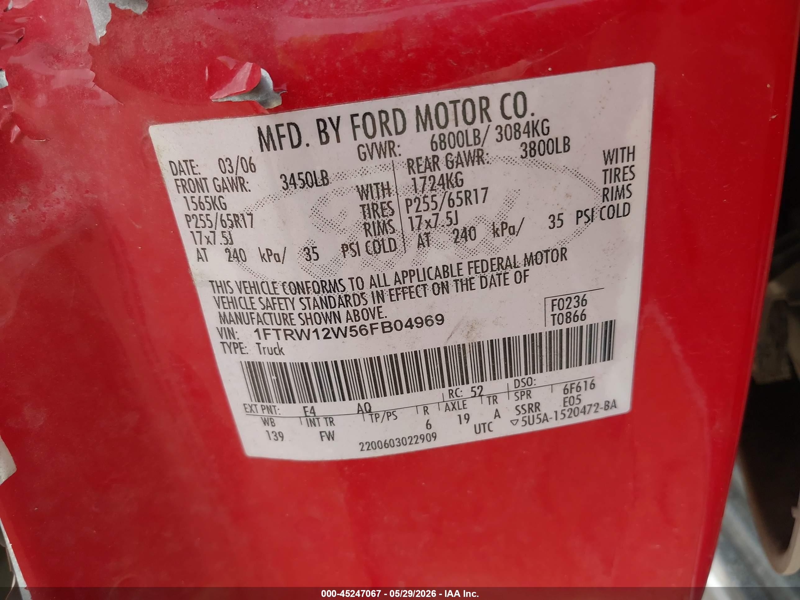 2006 Ford F-150 Xlt Red vin: 1FTRW12W56FB04969