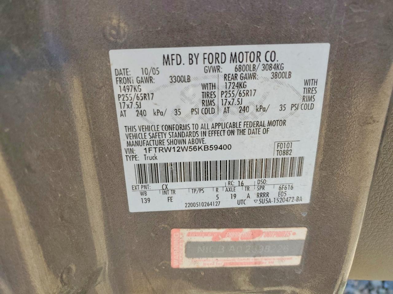 2006 Ford F150 Supercrew Gray vin: 1FTRW12W56KB59400