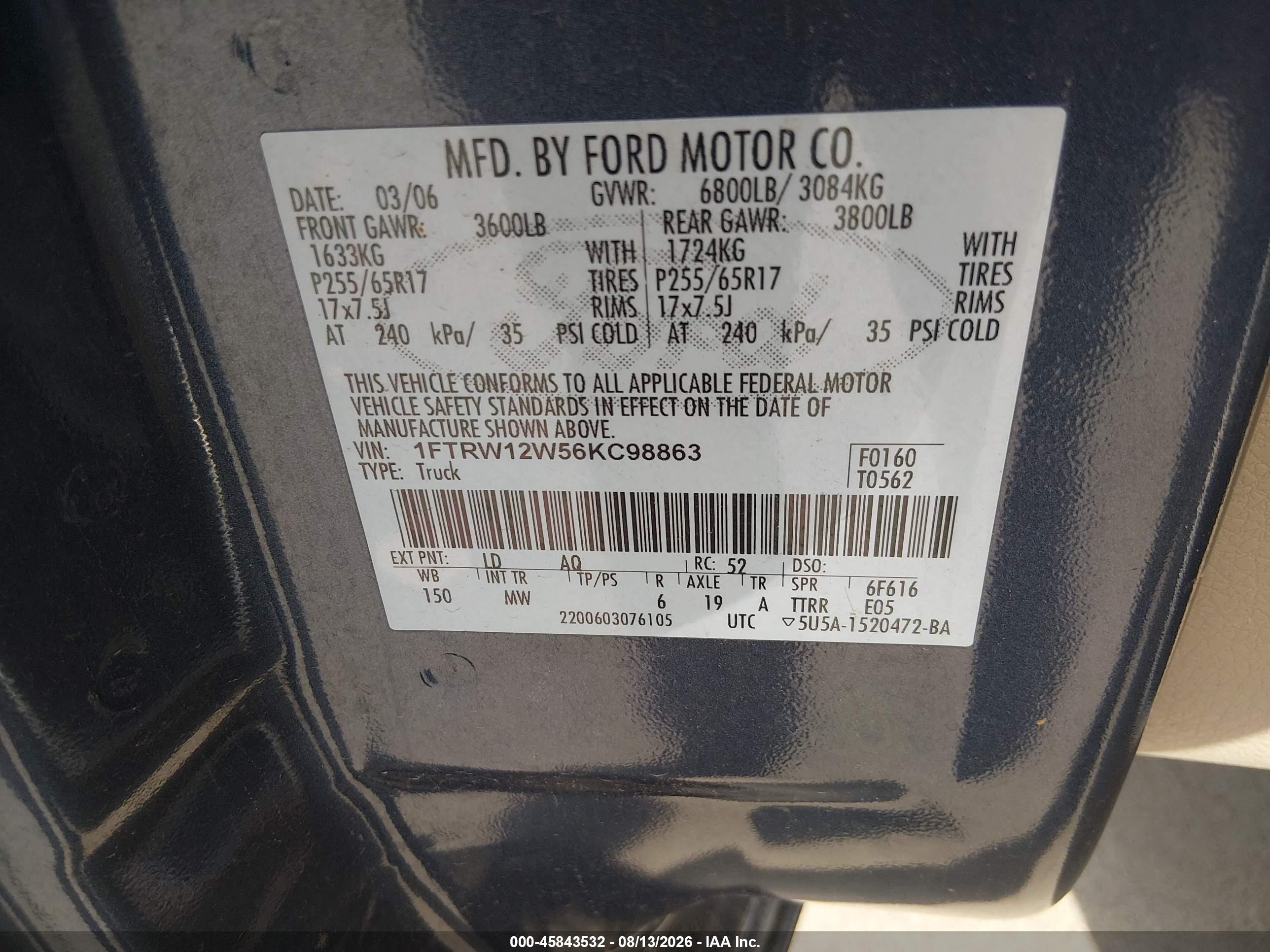 2006 Ford F-150 Xlt Light Blue vin: 1FTRW12W56KC98863