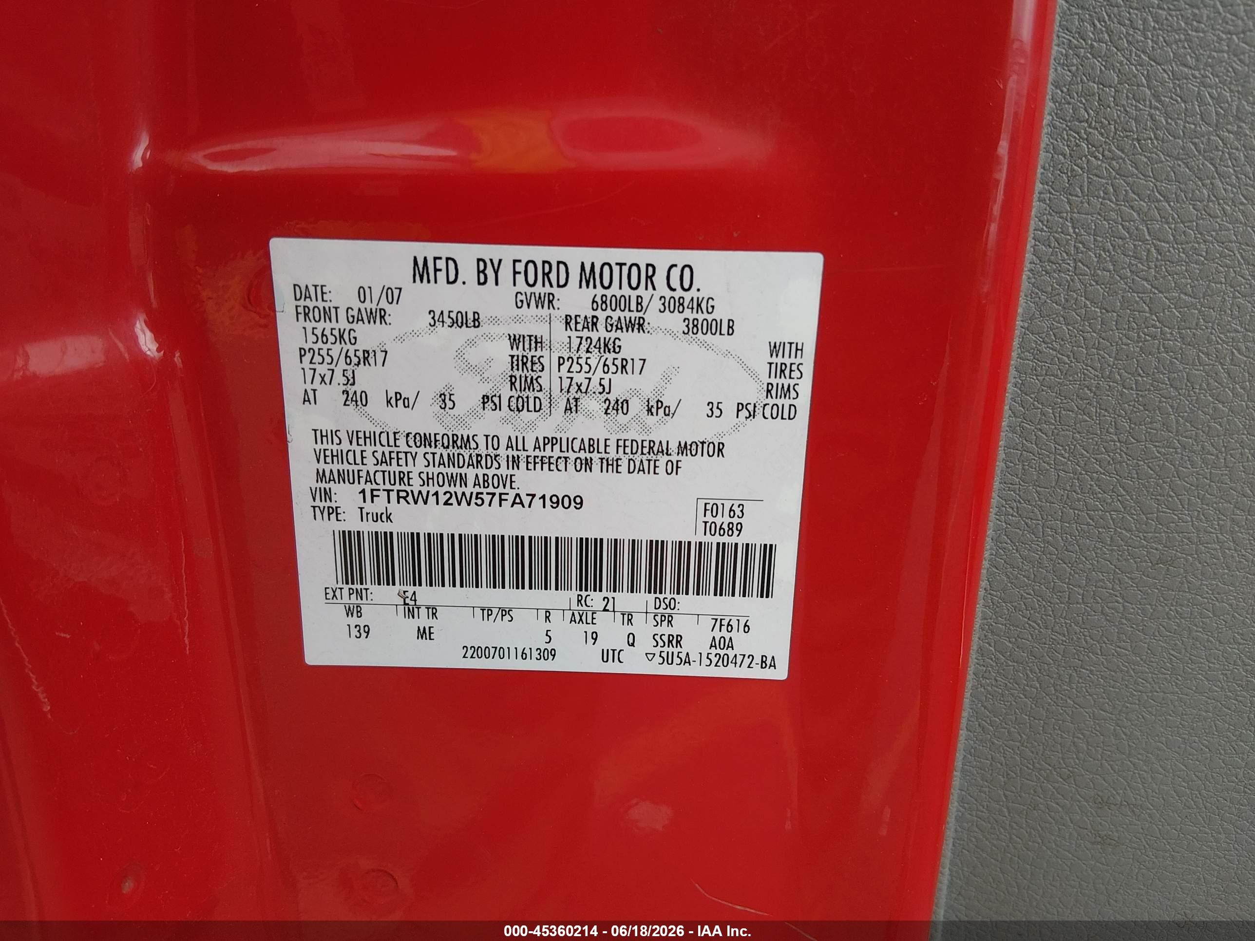 2007 Ford F-150 Xlt Red vin: 1FTRW12W57FA71909