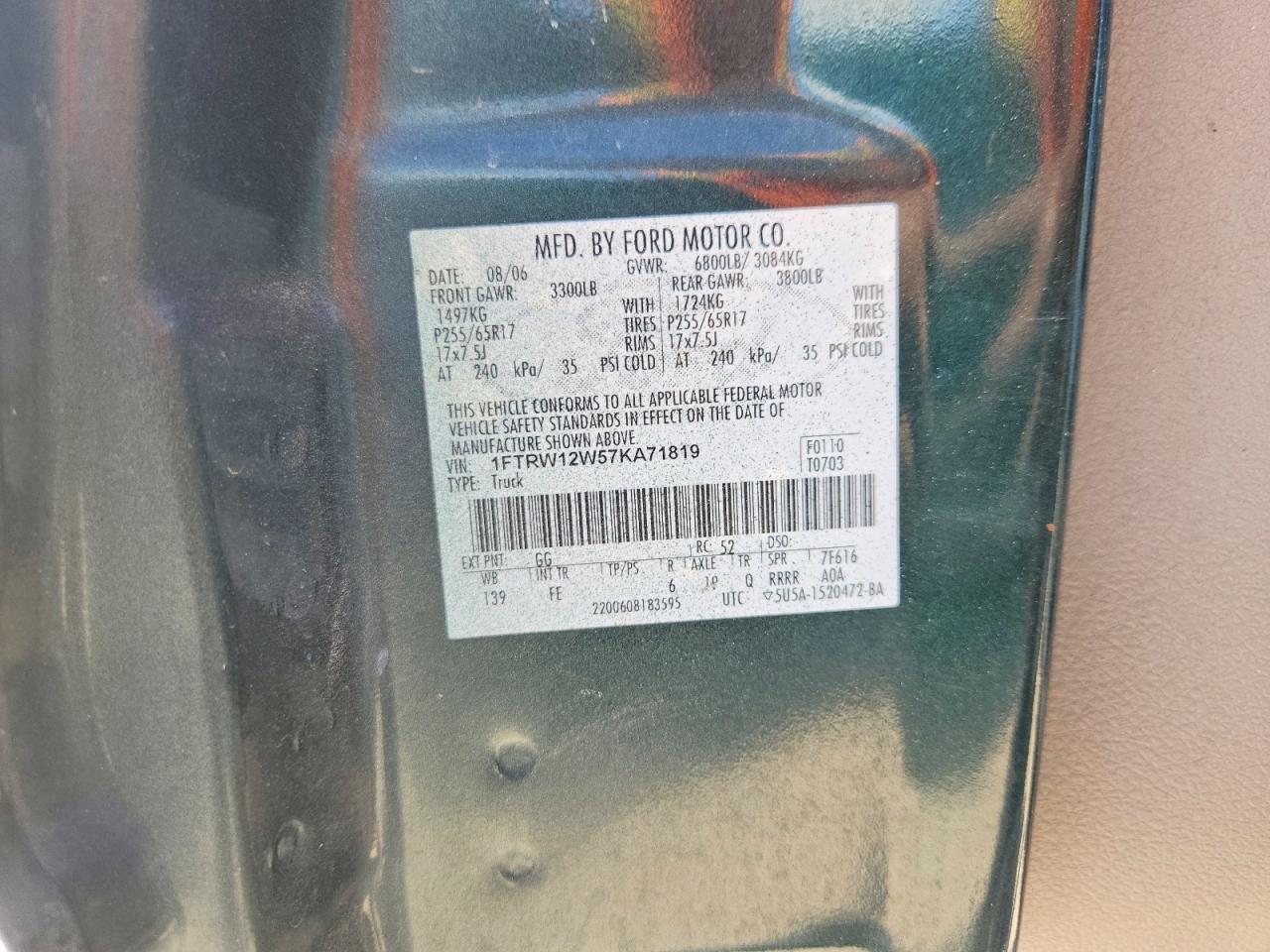 2007 Ford F150 Supercrew Green vin: 1FTRW12W57KA71819