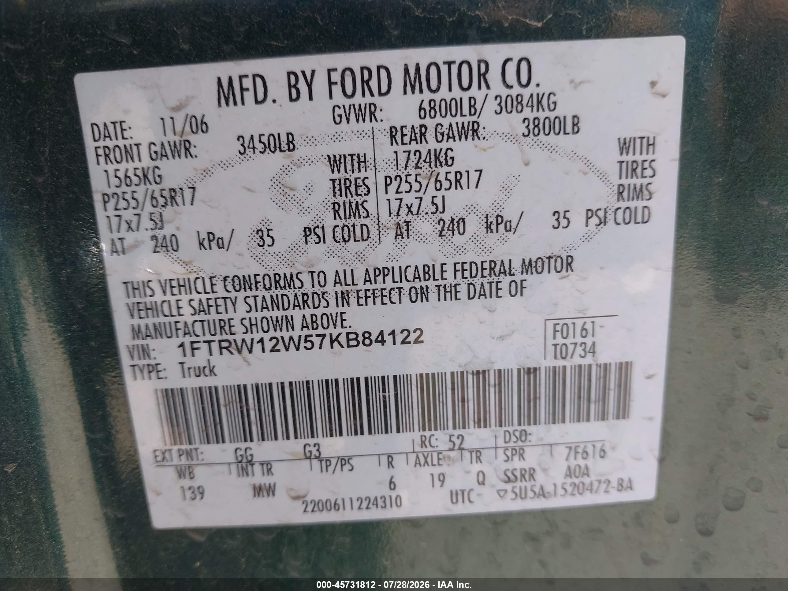 2007 Ford F-150 Xlt Green vin: 1FTRW12W57KB84122