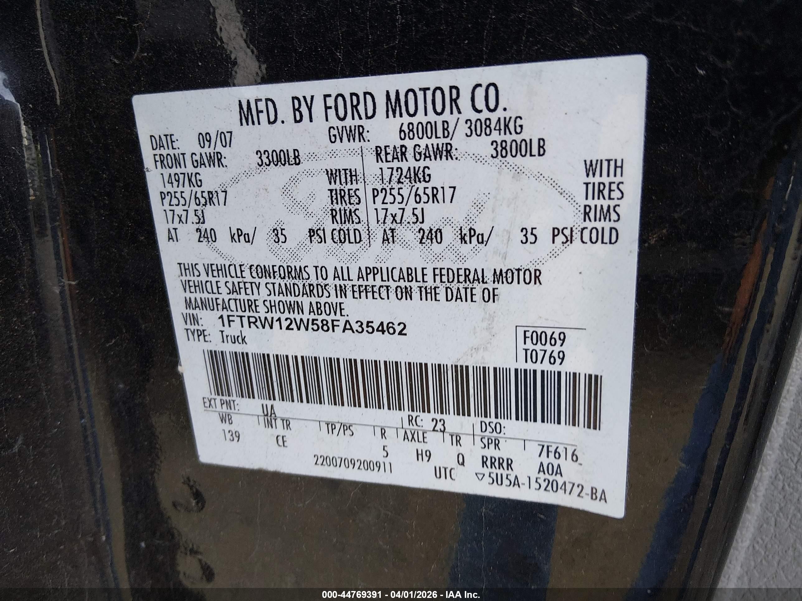 2008 Ford F-150 60th Anniversary/fx2/xl/xlt Black vin: 1FTRW12W58FA35462
