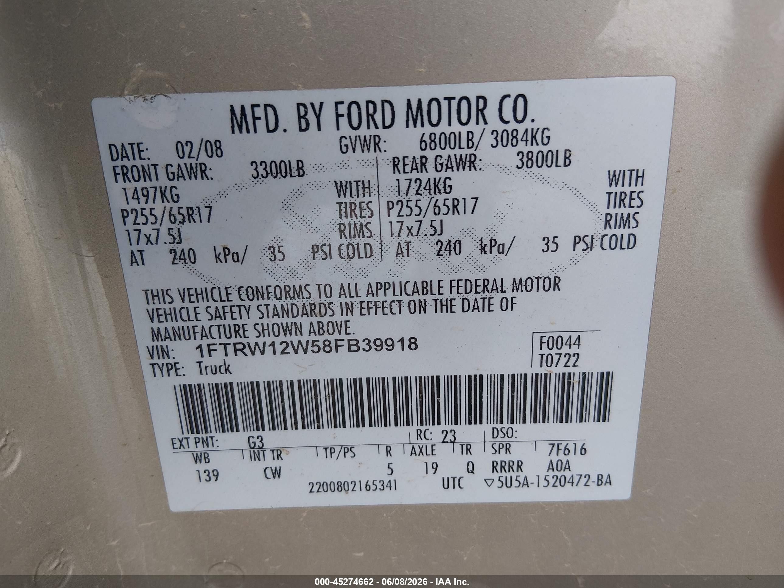 2008 Ford F-150 60th Anniversary/fx2/xl/xlt Gold vin: 1FTRW12W58FB39918