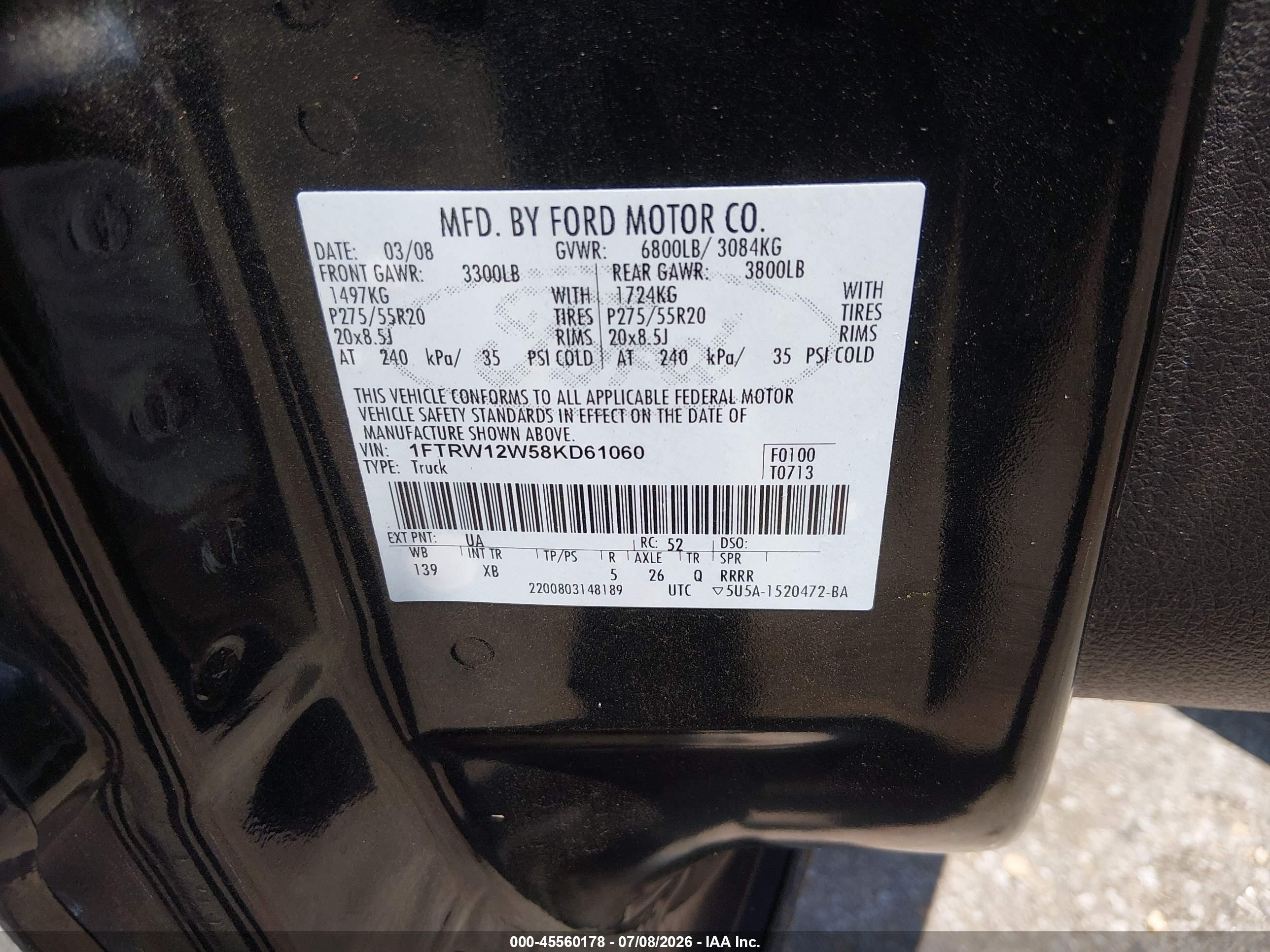 2008 Ford F-150 60th Anniversary/fx2/xl/xlt Black vin: 1FTRW12W58KD61060