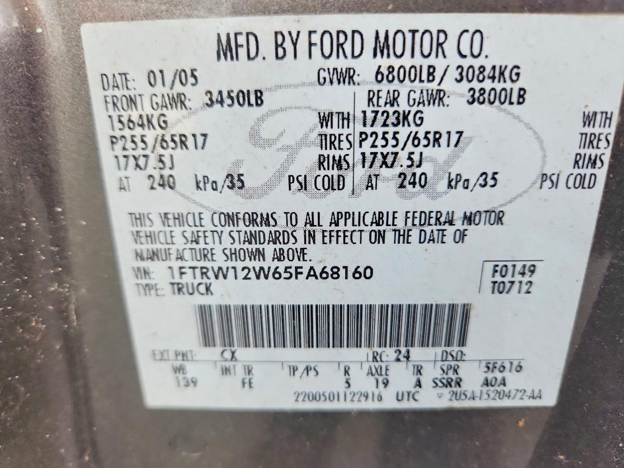 2005 Ford F150 Supercrew Gray vin: 1FTRW12W65FA68160