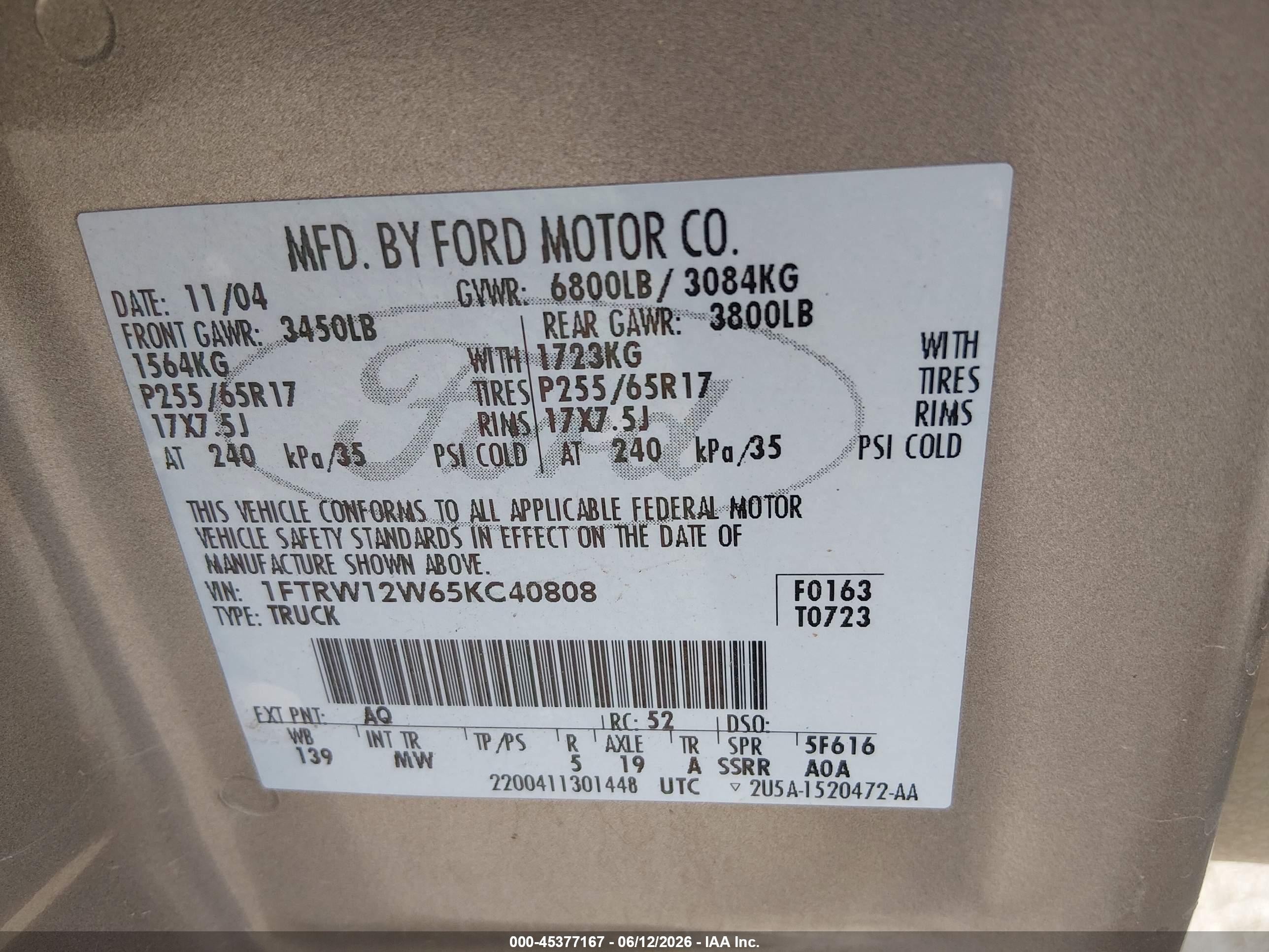 2005 Ford F-150 Xlt Tan vin: 1FTRW12W65KC40808
