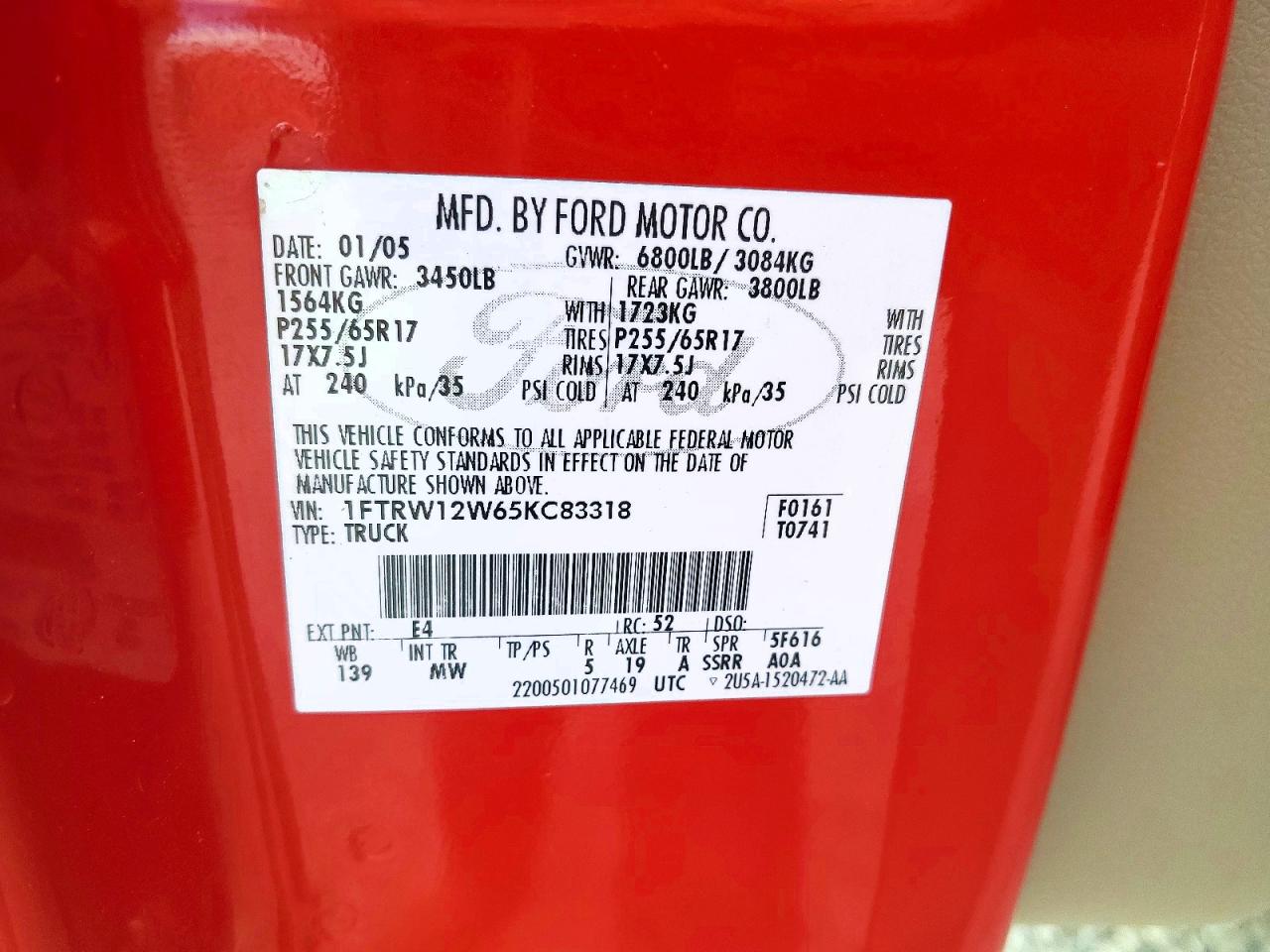 2005 Ford F150 Supercrew Red vin: 1FTRW12W65KC83318