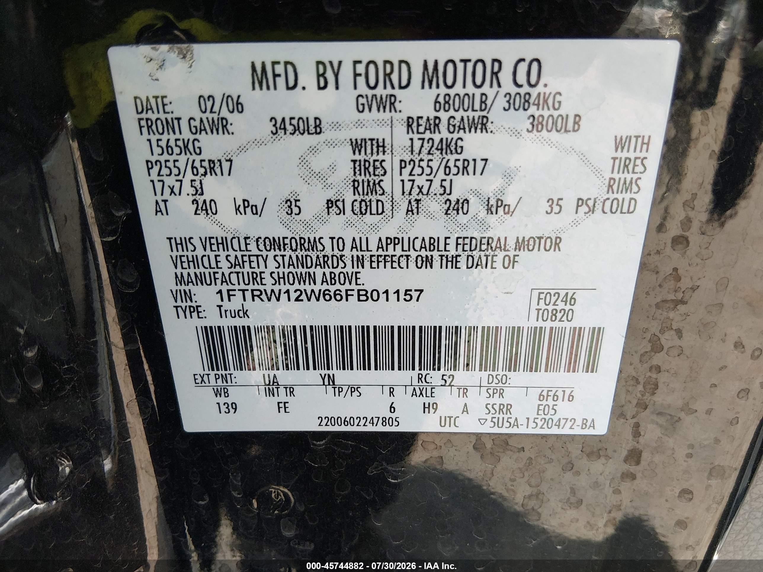 2006 Ford F-150 Xlt Черный vin: 1FTRW12W66FB01157