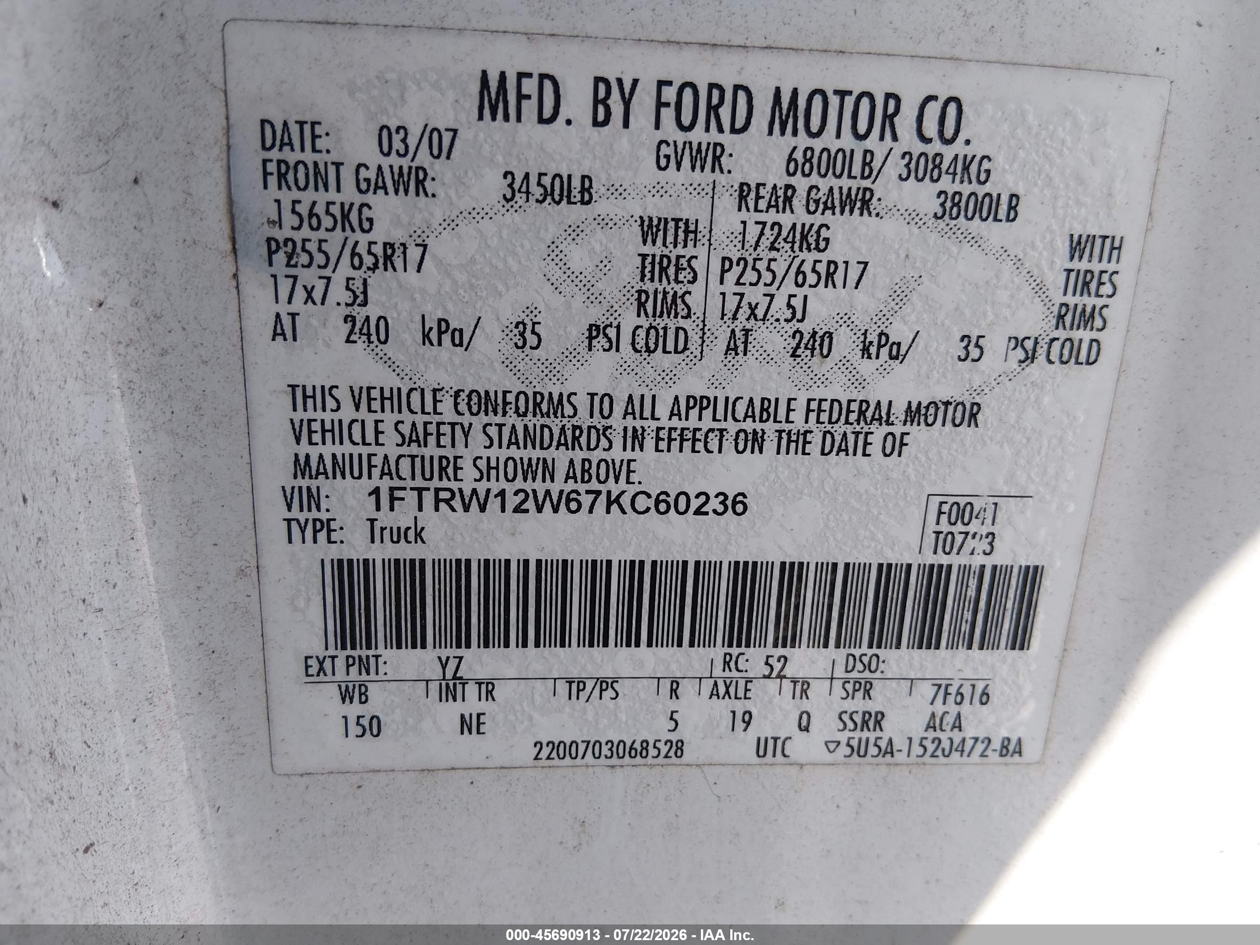 2007 Ford F-150 Xlt White vin: 1FTRW12W67KC60236