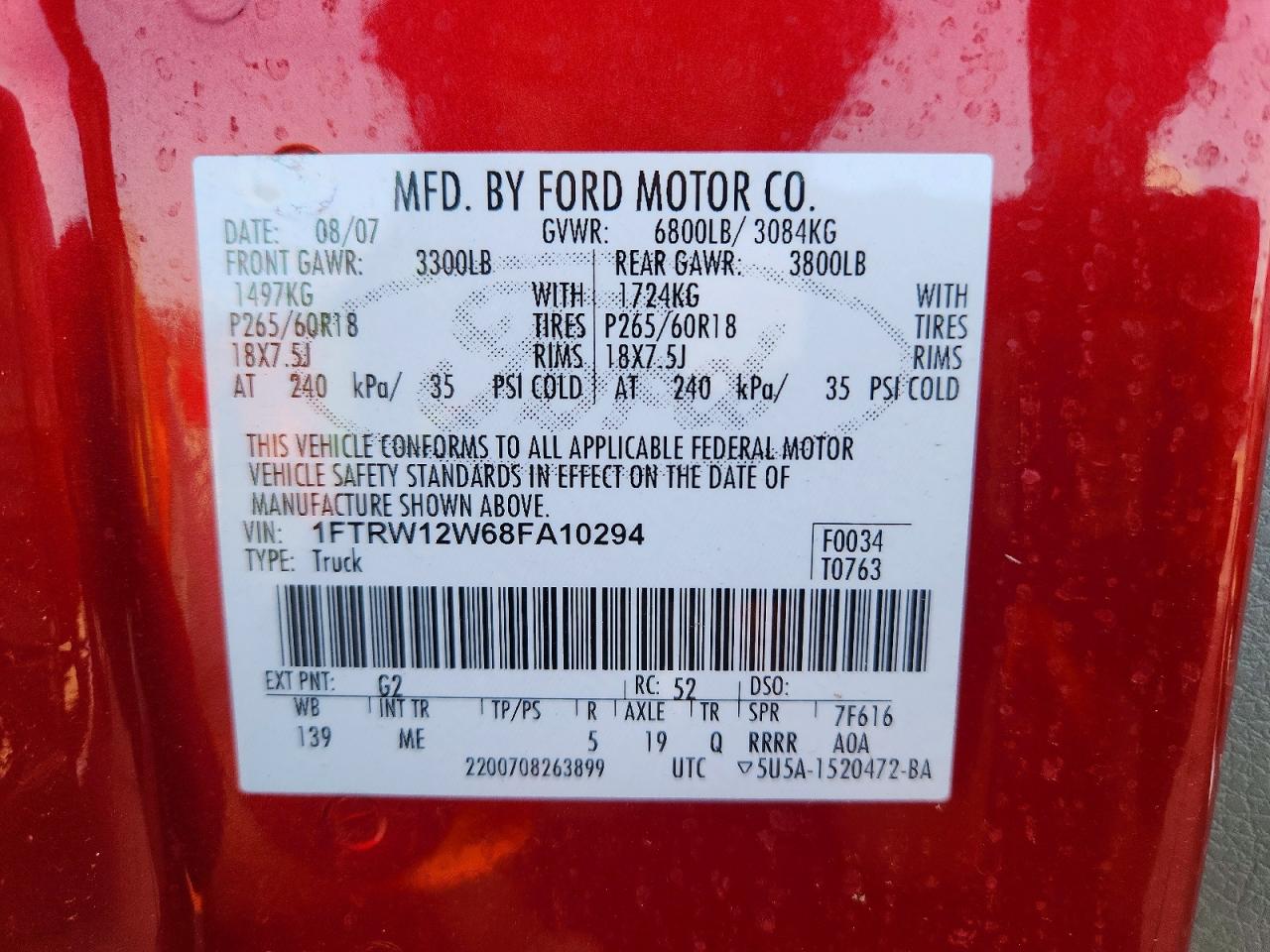 2008 Ford F150 Supercrew Red vin: 1FTRW12W68FA10294