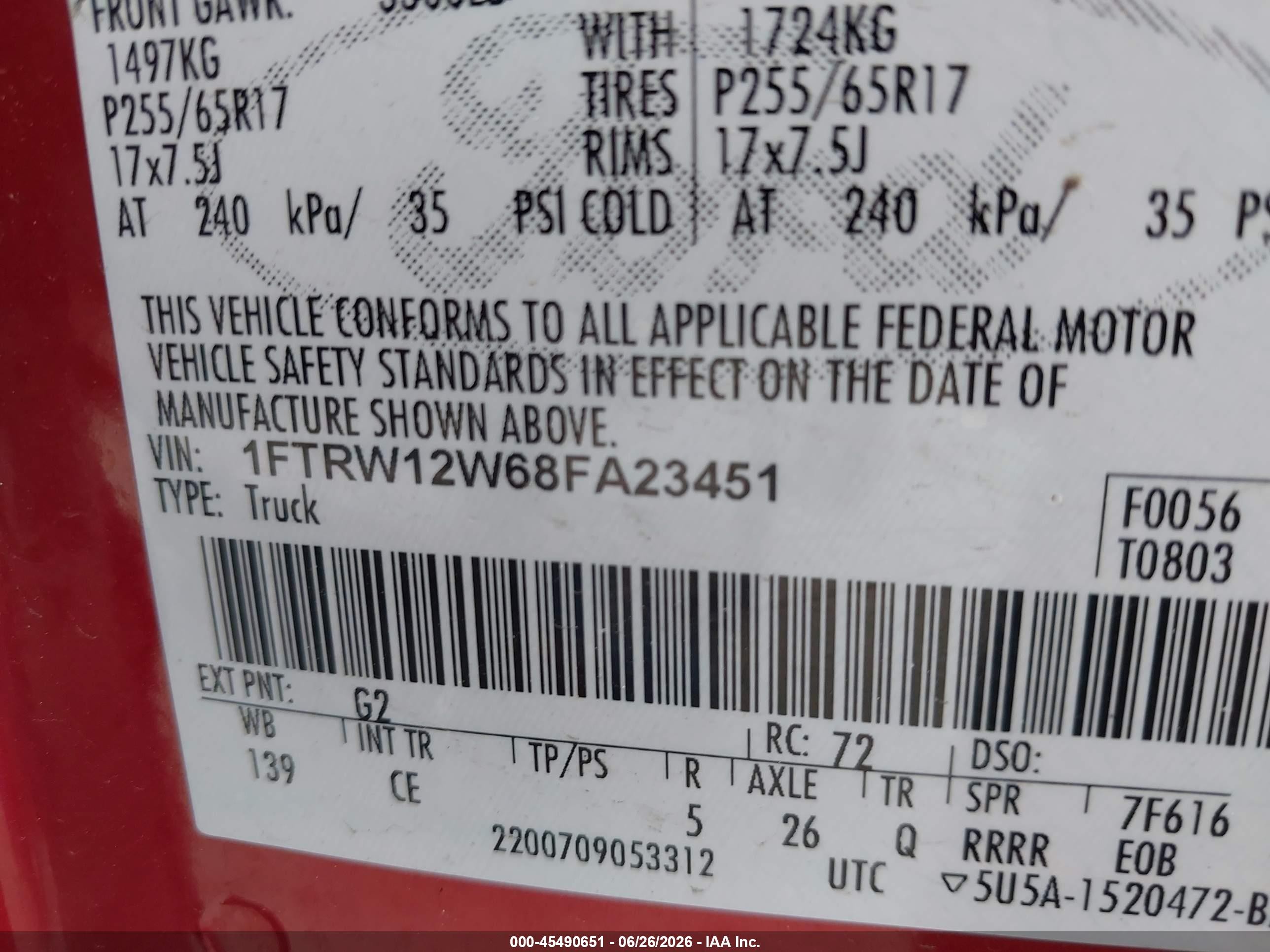 2008 Ford F-150 60th Anniversary/fx2/xl/xlt Red vin: 1FTRW12W68FA23451