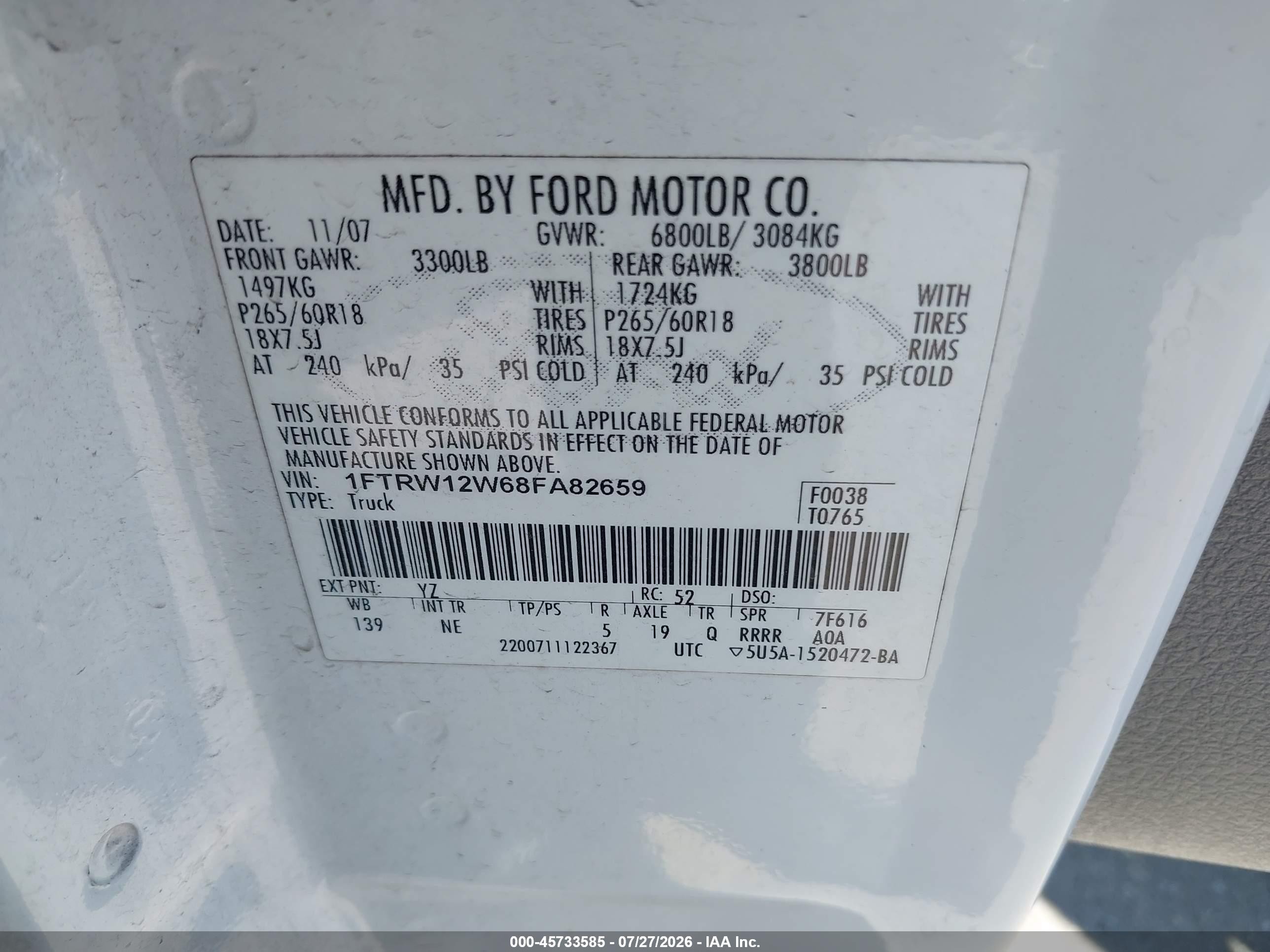 2008 Ford F-150 60th Anniversary/fx2/xl/xlt White vin: 1FTRW12W68FA82659