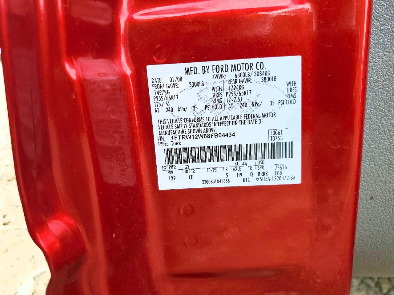 2008 Ford F150 Supercrew Red vin: 1FTRW12W68FB04434