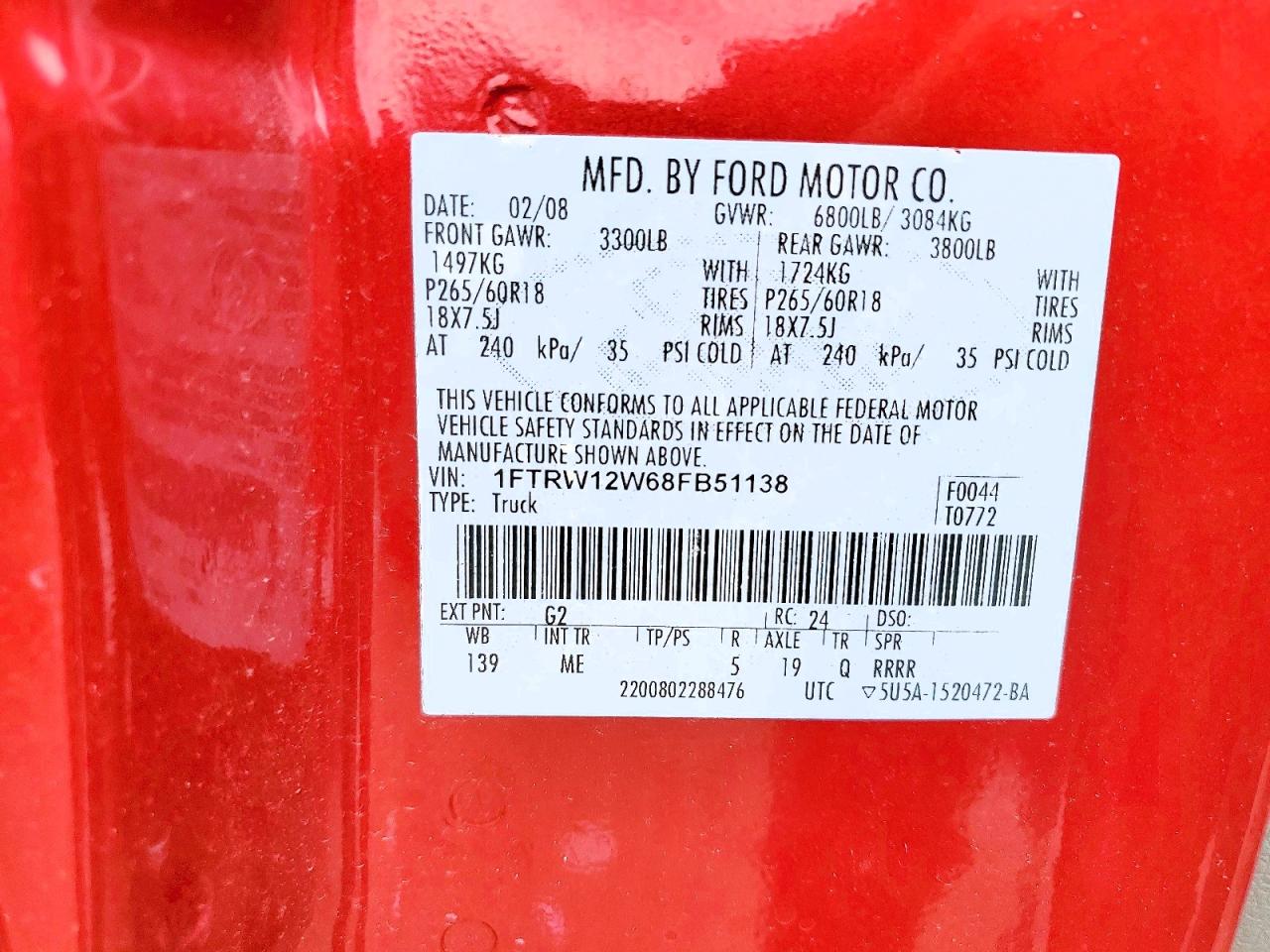 2008 Ford F150 Supercrew Red vin: 1FTRW12W68FB51138