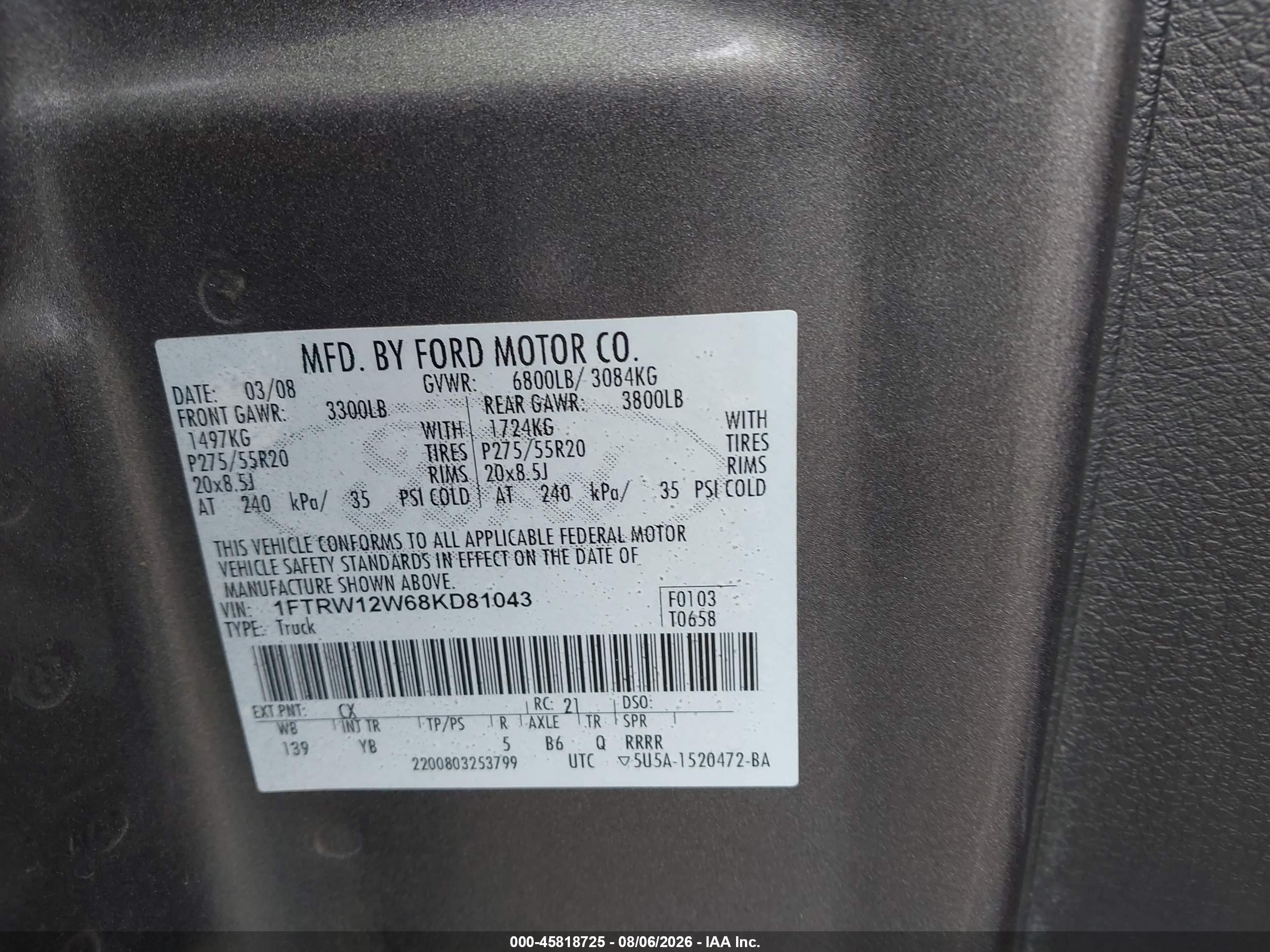 2008 Ford F-150 60th Anniversary/fx2/xl/xlt Gray vin: 1FTRW12W68KD81043