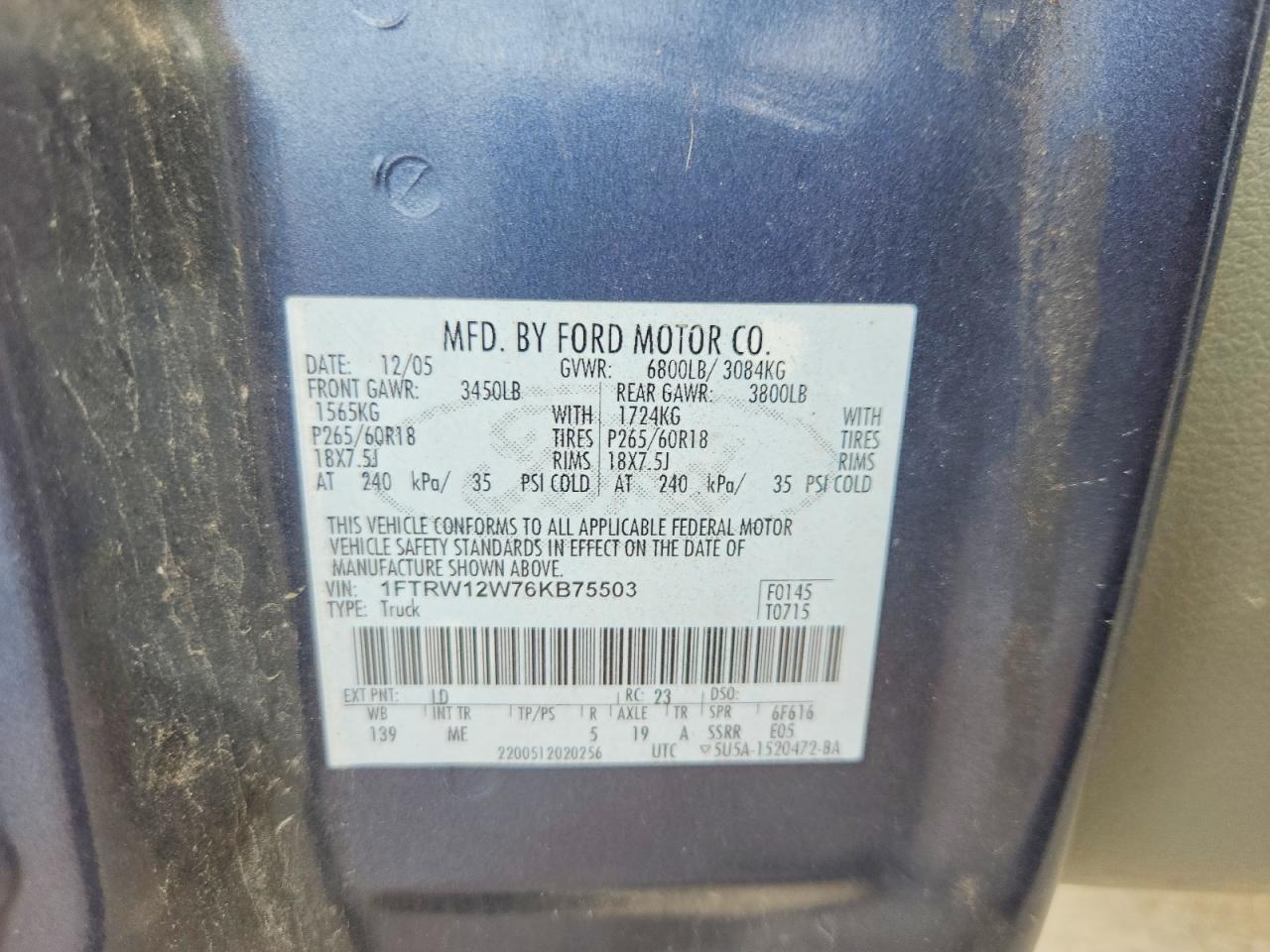 2006 Ford F150 Supercrew Blue vin: 1FTRW12W76KB75503