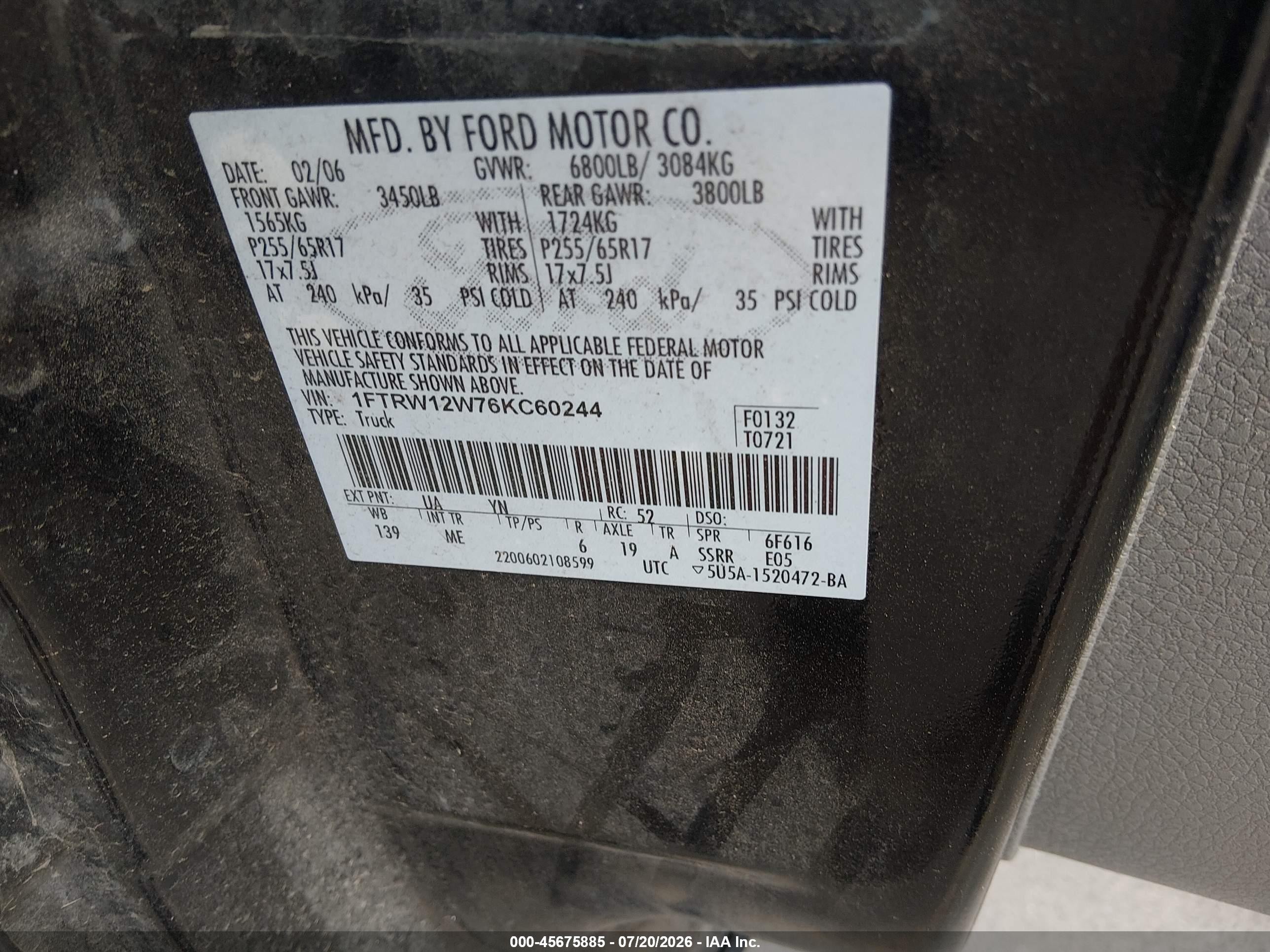 2006 Ford F-150 Xlt Black vin: 1FTRW12W76KC60244