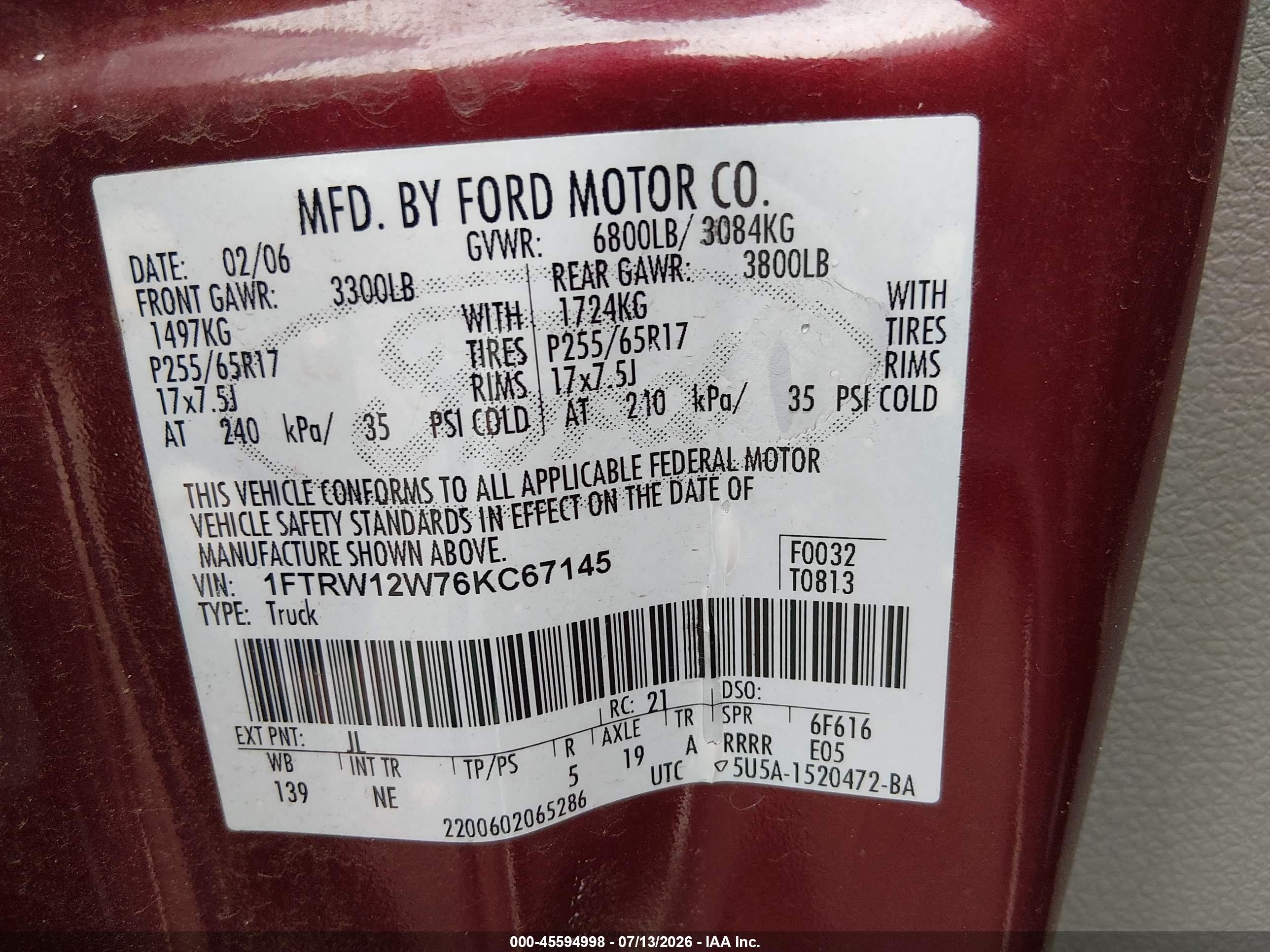 2006 Ford F-150 Xlt Burgundy vin: 1FTRW12W76KC67145