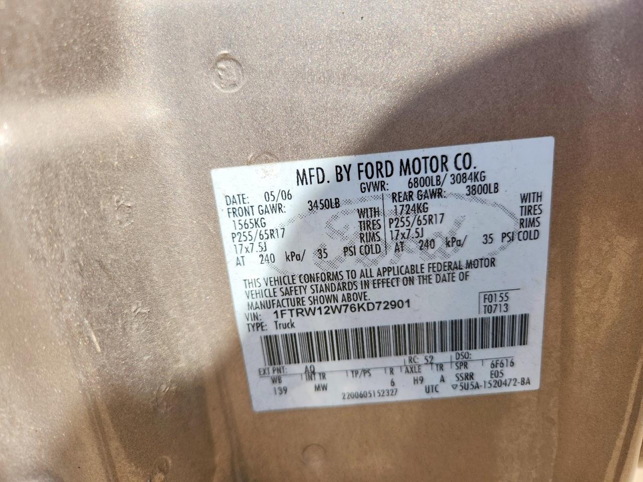 2006 Ford F150 Supercrew Tan vin: 1FTRW12W76KD72901
