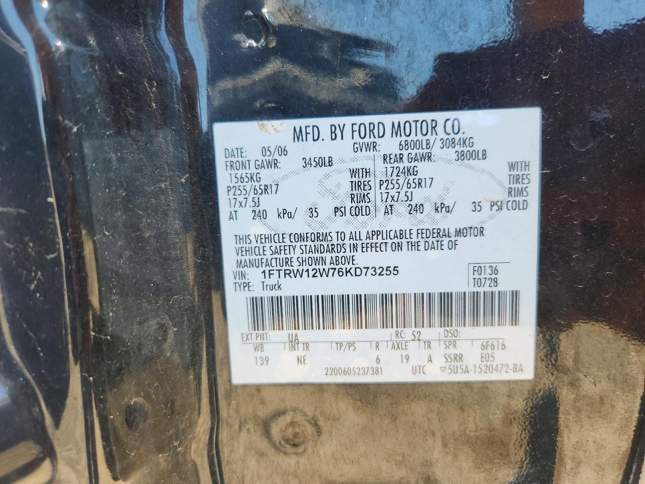 2006 Ford F150 Supercrew Black vin: 1FTRW12W76KD73255