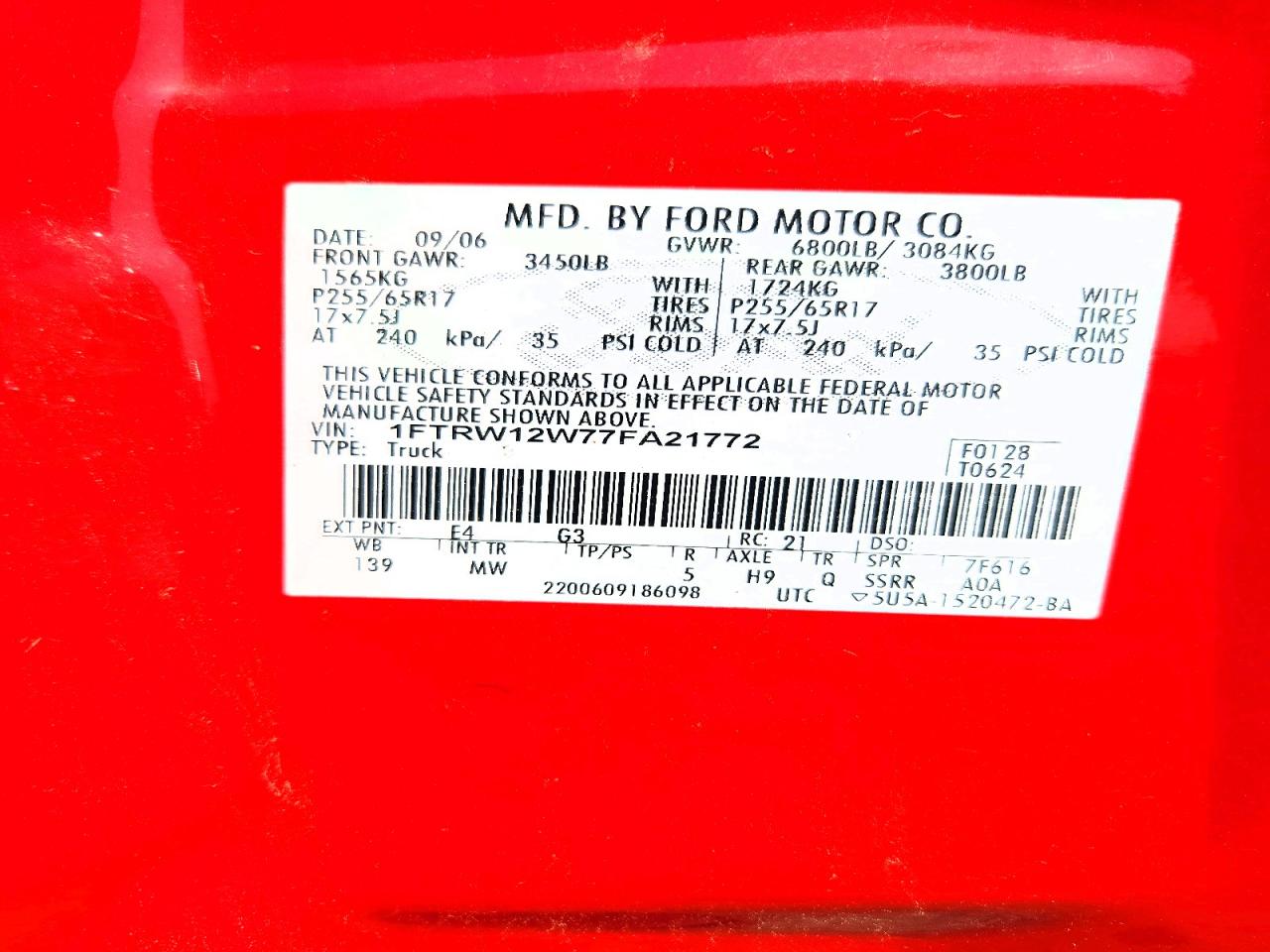 2007 Ford F150 Supercrew Red vin: 1FTRW12W77FA21772